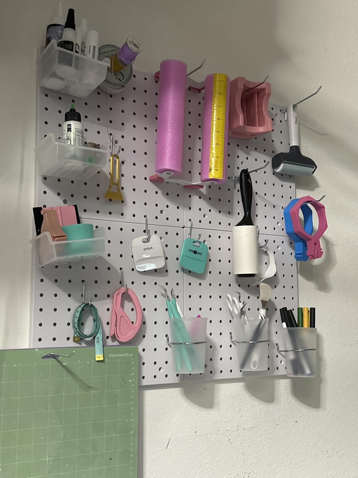 FZK Modular Plastic Peg Board Wall Organizer Kit, 12x12, White | Includes 26 hooks and 2 bins, adhesive or drill mounting, ideal for office, gaming room, garage customer photo 2