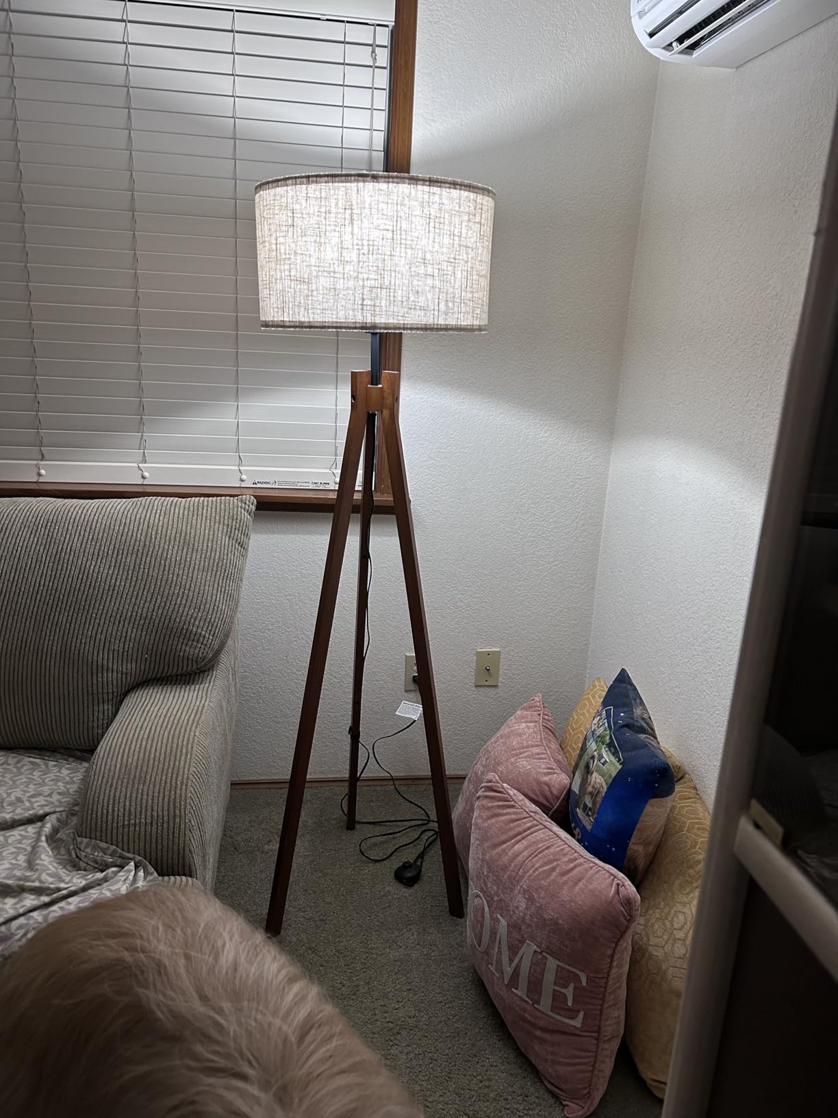 ELYONA Wood Tripod Floor Lamp, Mid Century Reading Standing Lamp with 3 Color Temperatures & Linen Shade, Modern Night Light for Bedroom, Farmhouse, Living Room, Office, 9W LED Bulb Included, Brown customer photo 2