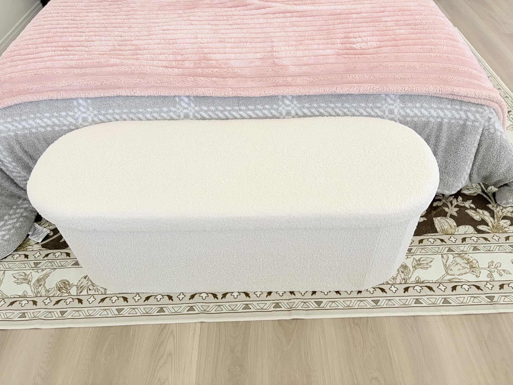 B FSOBEIIALEO Ottoman with Storage for Living Room, Sherpa Folding Storage Ottoman Foot Rest, 43.3 Inches Collapsible Bedroom Bench White Cream customer photo 1