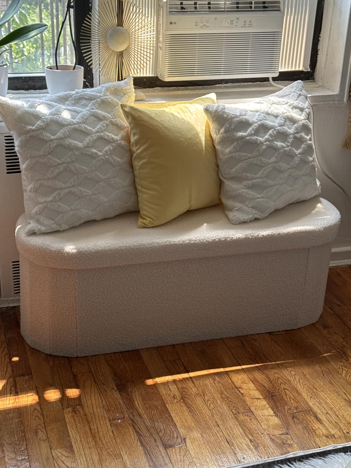 B FSOBEIIALEO Ottoman with Storage for Living Room, Sherpa Folding Storage Ottoman Foot Rest, 43.3 Inches Collapsible Bedroom Bench White Cream customer photo 2