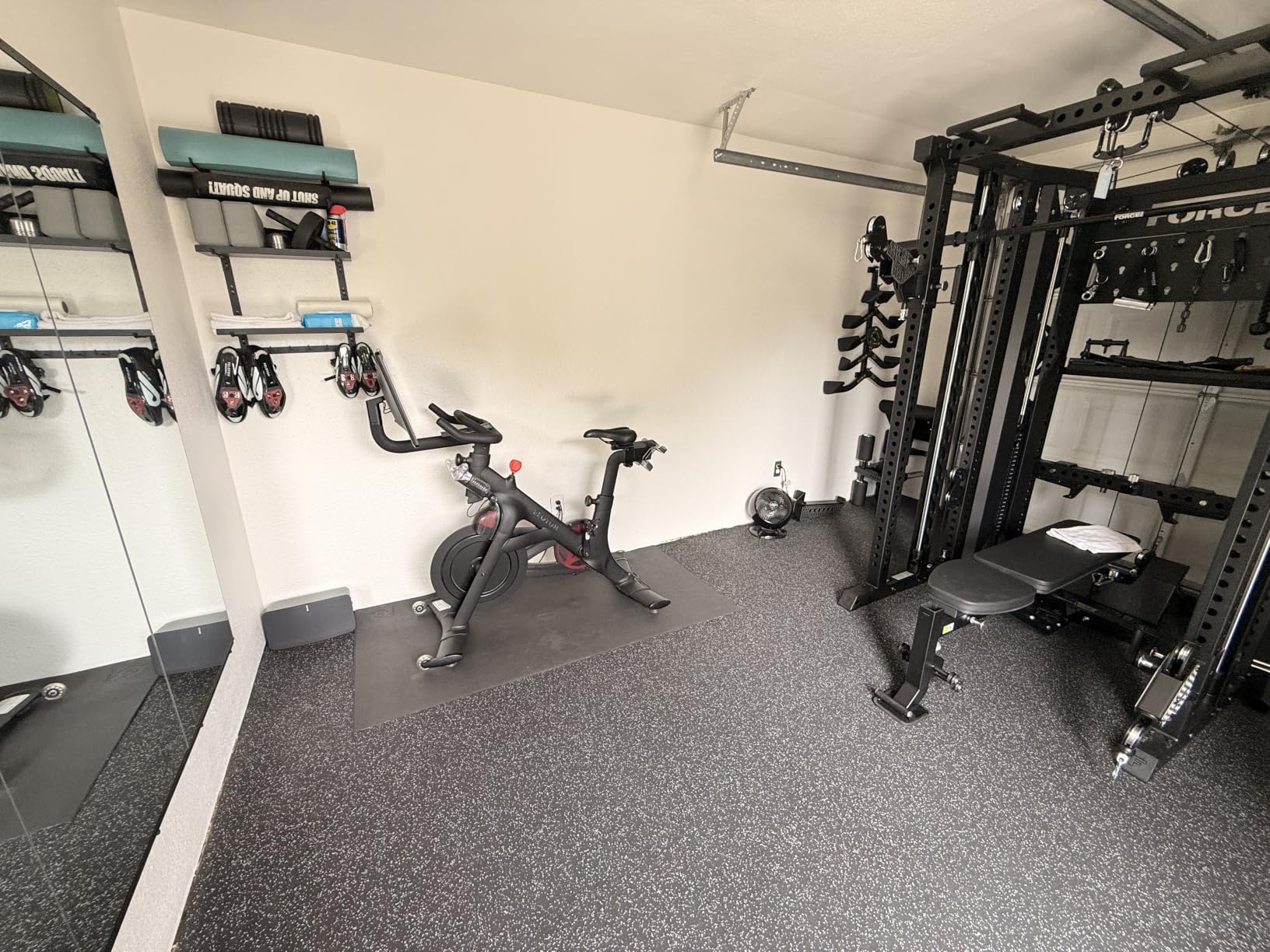 Home Gym Wall Storage Shelf, 1 Board & 4 Adjustable Holders Sets | gym wall storage shelf with 4 adjustable holder sets and 8 hooks for mats, bands, shoes and workout gear customer photo 1