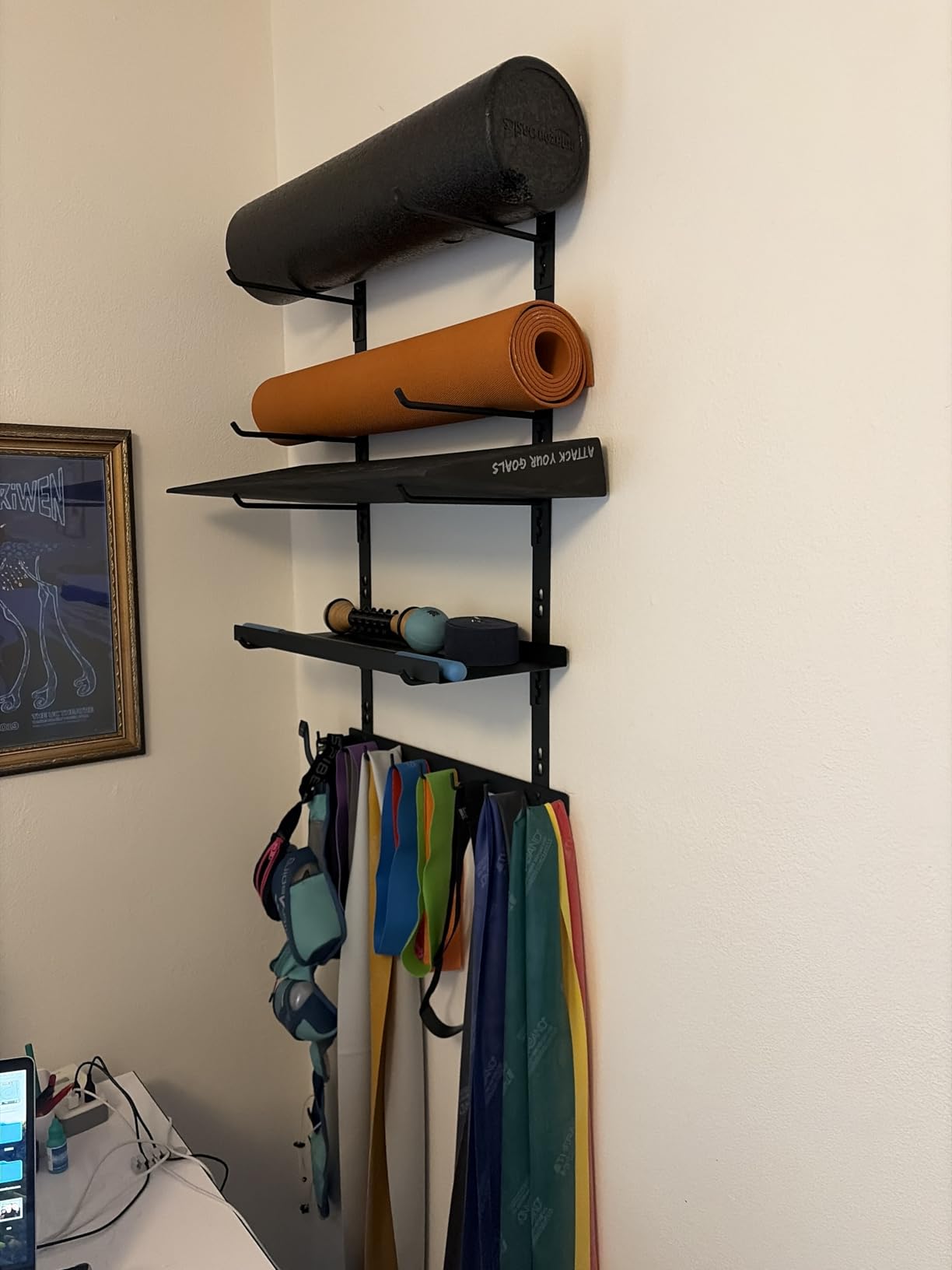 Home Gym Wall Storage Shelf, 1 Board & 4 Adjustable Holders Sets | gym wall storage shelf with 4 adjustable holder sets and 8 hooks for mats, bands, shoes and workout gear customer photo 2