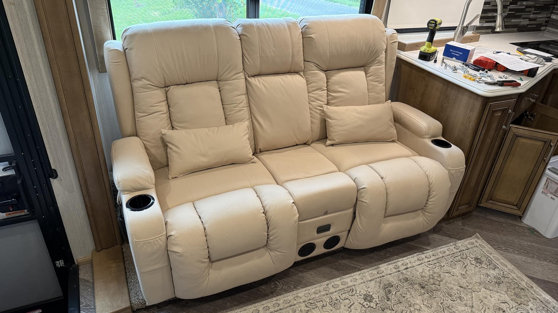 URRED Power Loveseat Recliner Sofa with Massage and Heat, Black | Wall Hugger Reclining Loveseat with Console, RV Couch Home Theater Seating with LED Lights for Living Room, Faux Leather customer photo 1