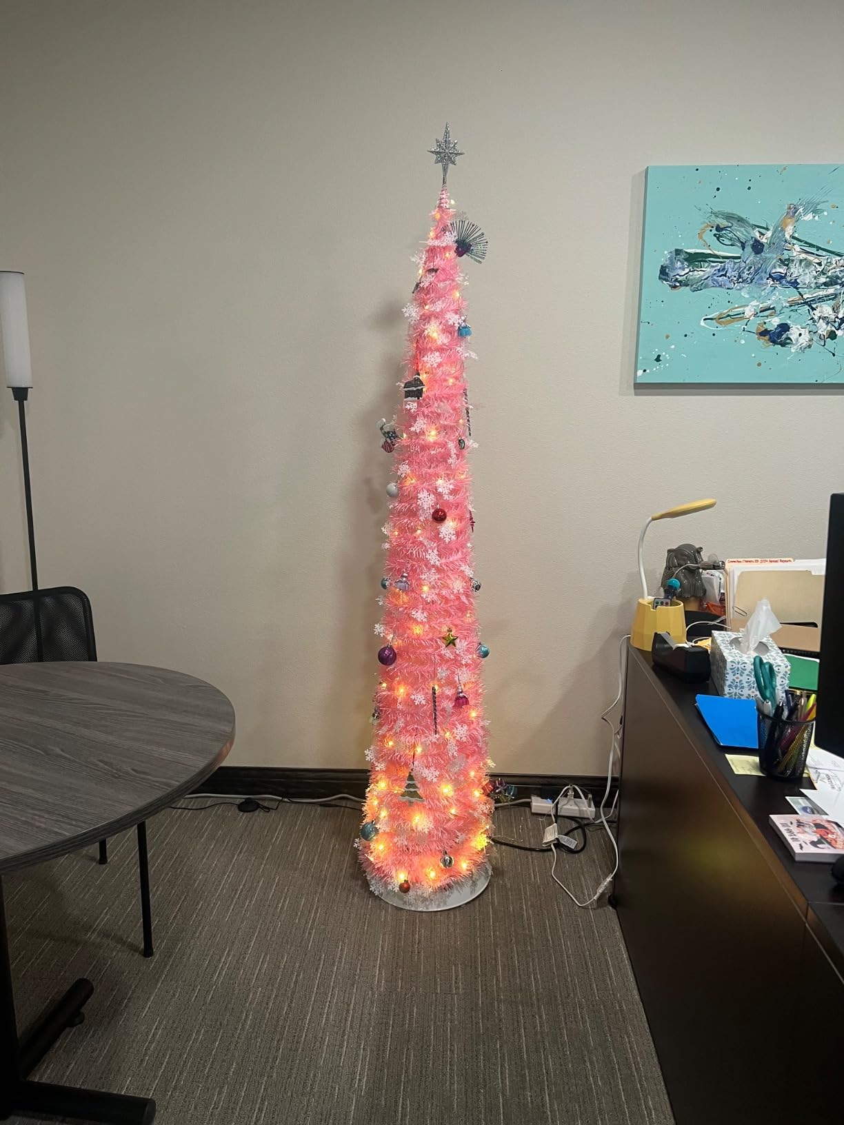 6 FT Pop Up Christmas Tree with 100 LED Timer Lights & Remote, Green Collapsible Christmas Tinsel Tree Artificial Pencil Tree Xmas Decoration for Holiday Home Office Party, USB Powered customer photo 1