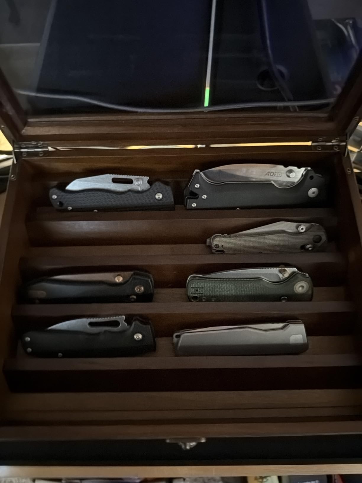 Knife Display Case Knife Collection Display Holder with Glass Lid, 2-Layer Wooden Pocket Knife Case with Drawers (Walnut) customer photo 2