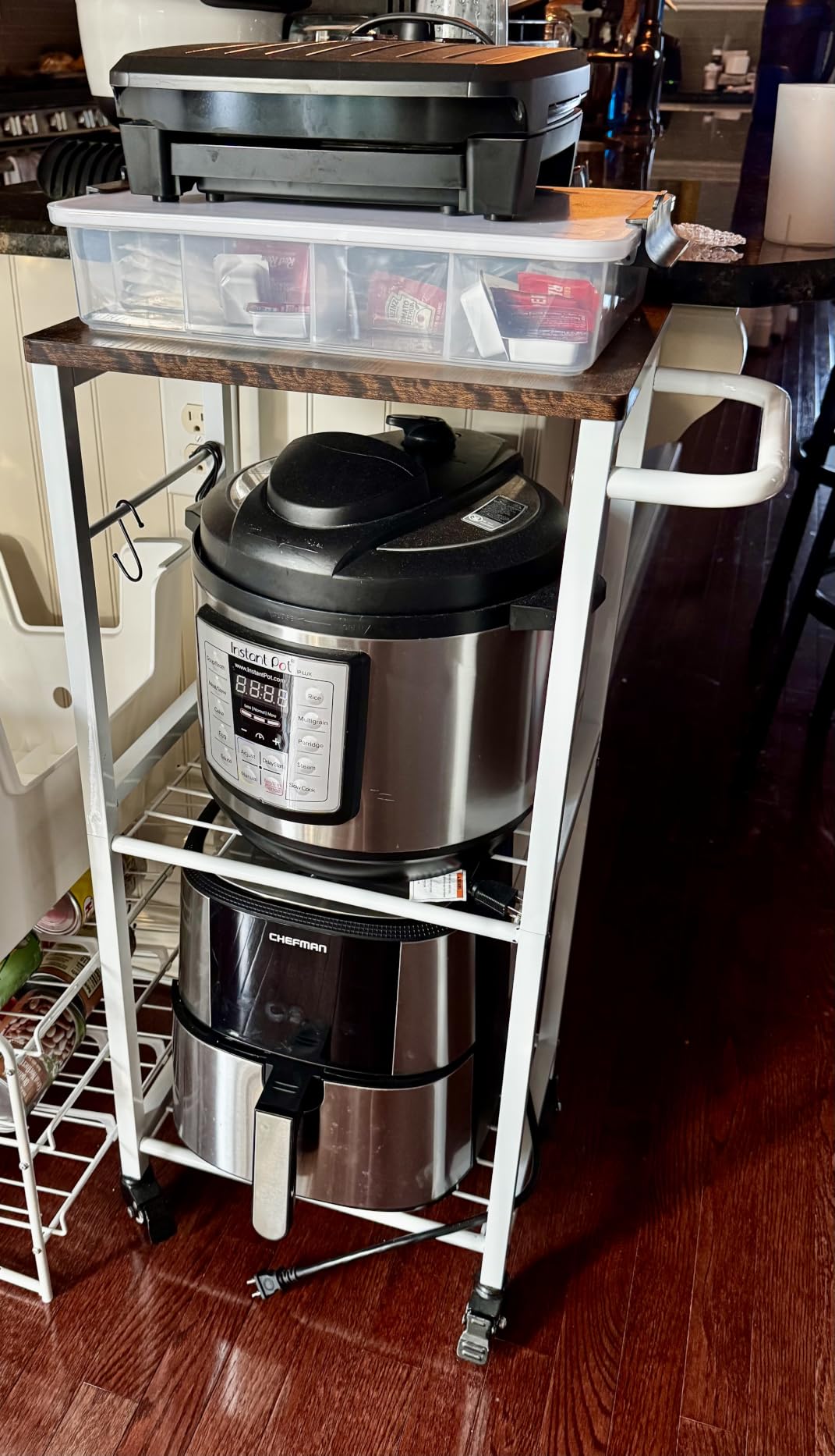 Kitchen Microwave Stand Cart with Storage Rack, Black | 3-Tier Rolling Side Table with 8 Hooks, Utility Small Coffee Shelf Organizer for Living Room, Bedroom, Bathroom, Office customer photo 1