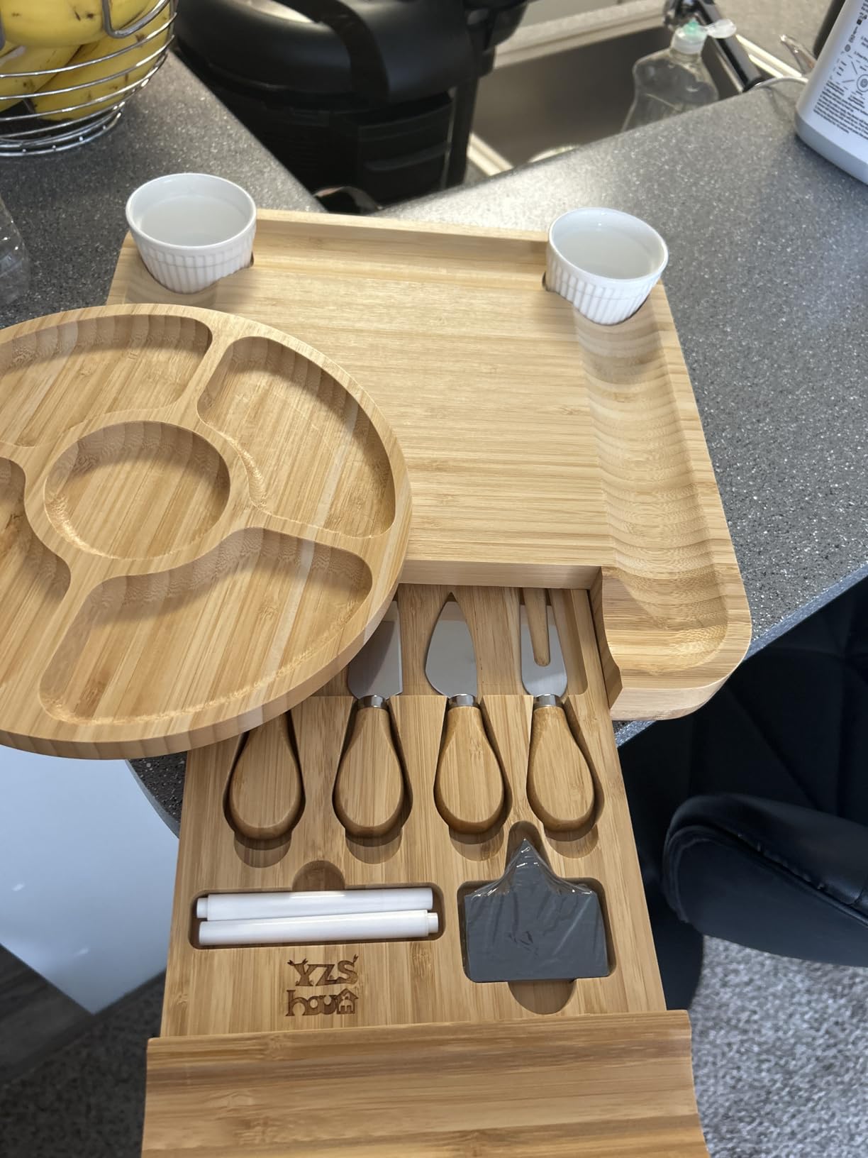 Premium Bamboo Charcuterie Board Set with Hidden Drawer & 4 Cheese Knives - 13x13 Large Cheese Board Serving Tray - Unique Housewarming Gifts for New Home, Wedding & Bridal Shower Gifts for Couples customer photo 1