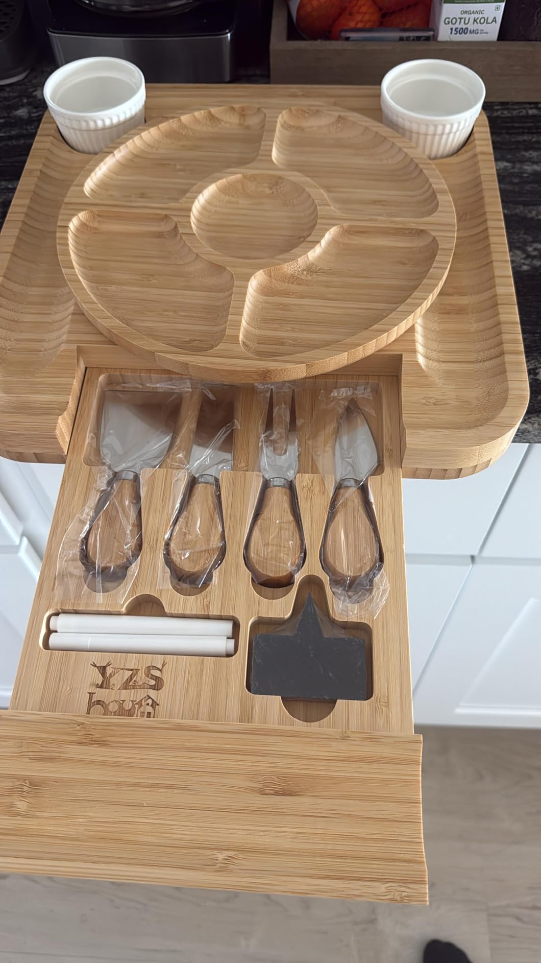 Premium Bamboo Charcuterie Board Set with Hidden Drawer & 4 Cheese Knives - 13x13 Large Cheese Board Serving Tray - Unique Housewarming Gifts for New Home, Wedding & Bridal Shower Gifts for Couples customer photo 2