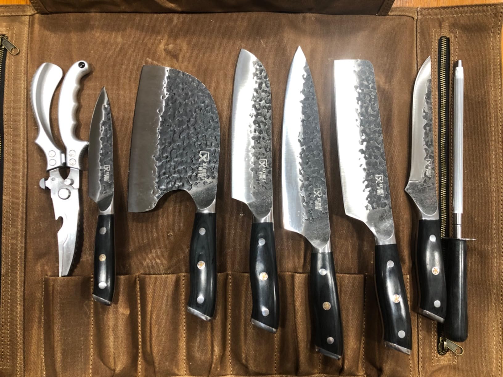 Chef Knife Set, Hand Forged Meat Boning Carving Cleaver Butcher Knife, High Carbon Steel Japan Nakiri Santoku Knife Set with Accessories for Kitchen, BBQ Camping Knives Set with Bag customer photo 1
