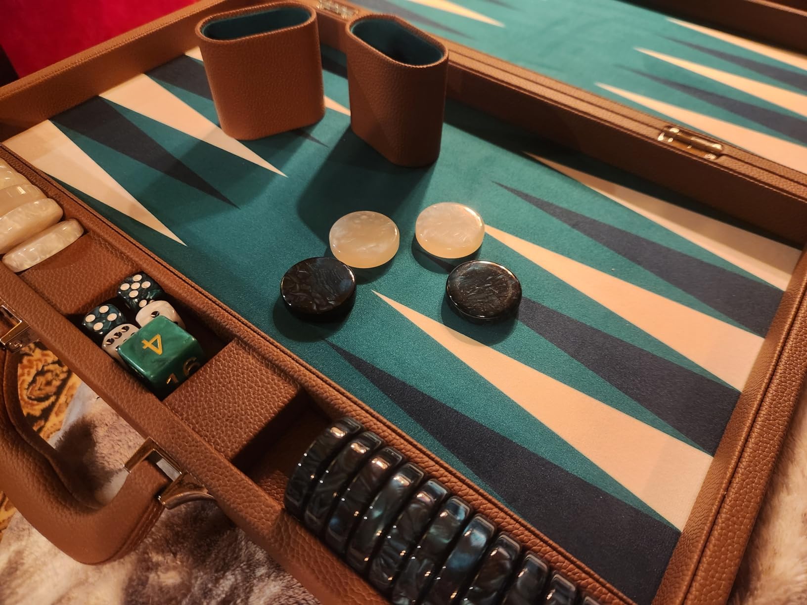 Pointworks 19 Inch Premium Backgammon Sets for Adults Leather Brown - Green. Premium 1.6 Inch Checkers & Dice Set, Travel Backgammon Set, Large, Backgammon Board Game, Backgammon Game Set customer photo 1