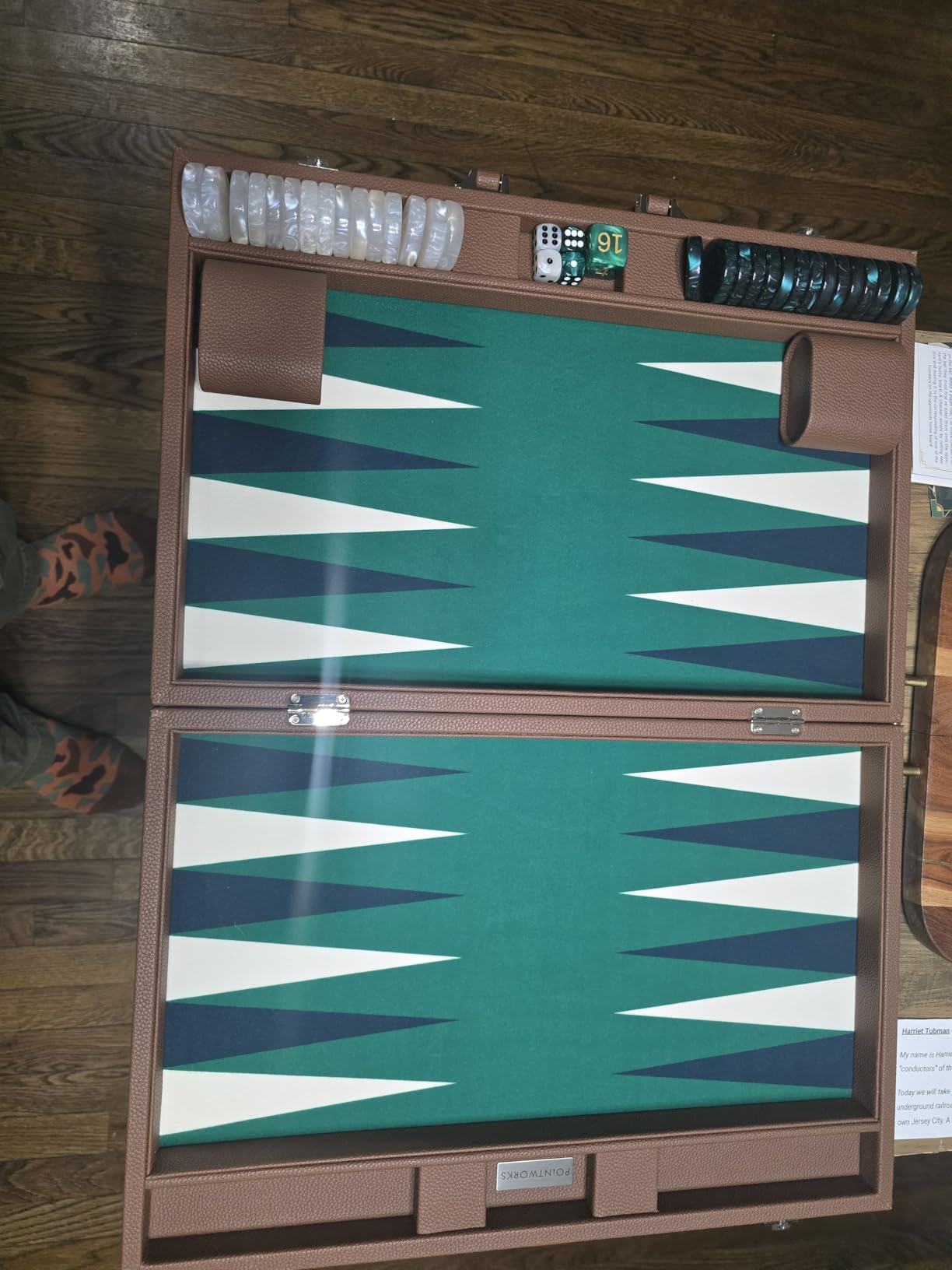 Pointworks 19 Inch Premium Backgammon Sets for Adults Leather Brown - Green. Premium 1.6 Inch Checkers & Dice Set, Travel Backgammon Set, Large, Backgammon Board Game, Backgammon Game Set customer photo 2