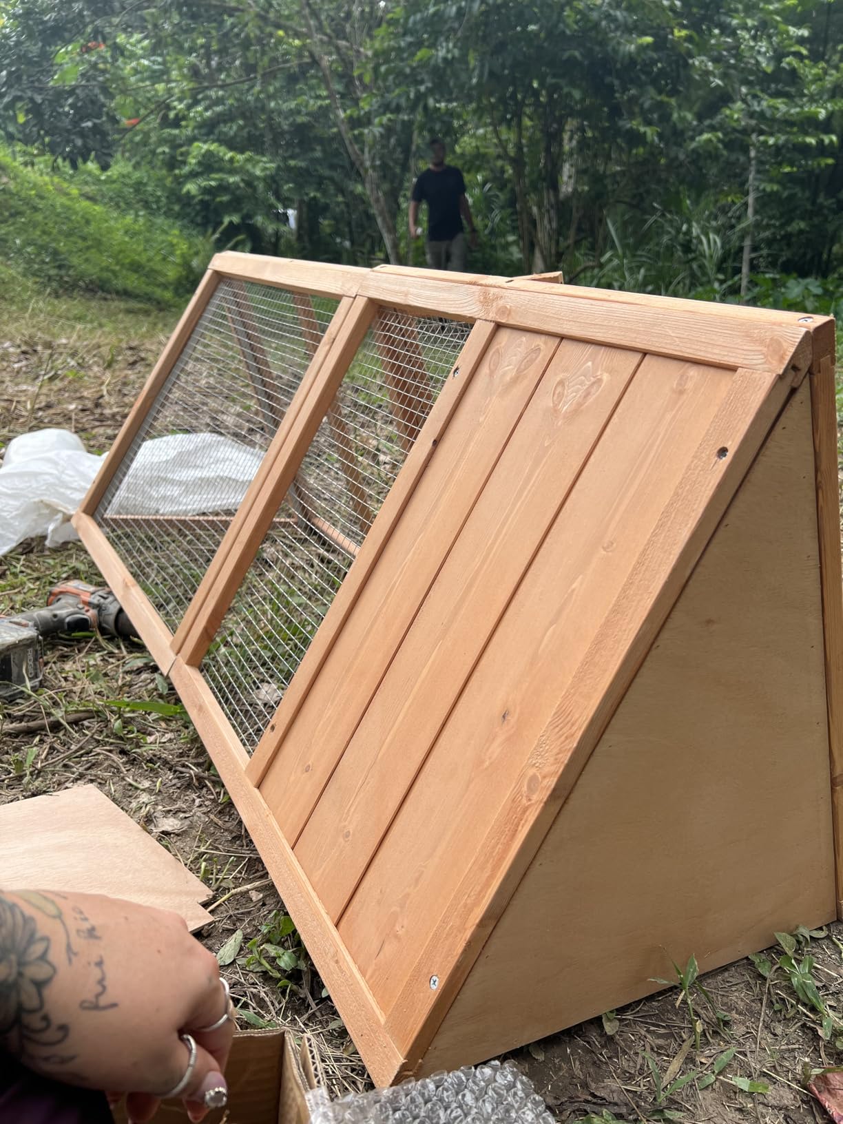 Rabbit Hutch, Small A-Frame Chicken Coop Outdoor w/ 2 Door & Run Cage(Gray) | Wooden Triangle Quail Hutch w/ Ventilating Wire Poultry Hutch for Small Animal Quail Cage Backyard customer photo 2