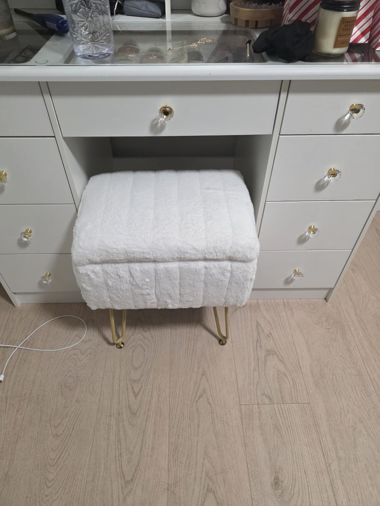 Sweetcrispy Vanity Stool Chair with Storage, Ottoman Faux Fur Soft Padded Makeup Footstools Seat with 4 Metal Legs Anti-Slip Adjustable Feet Modern Cute Small Footrest for Home Entryway Bedroom White customer photo 1