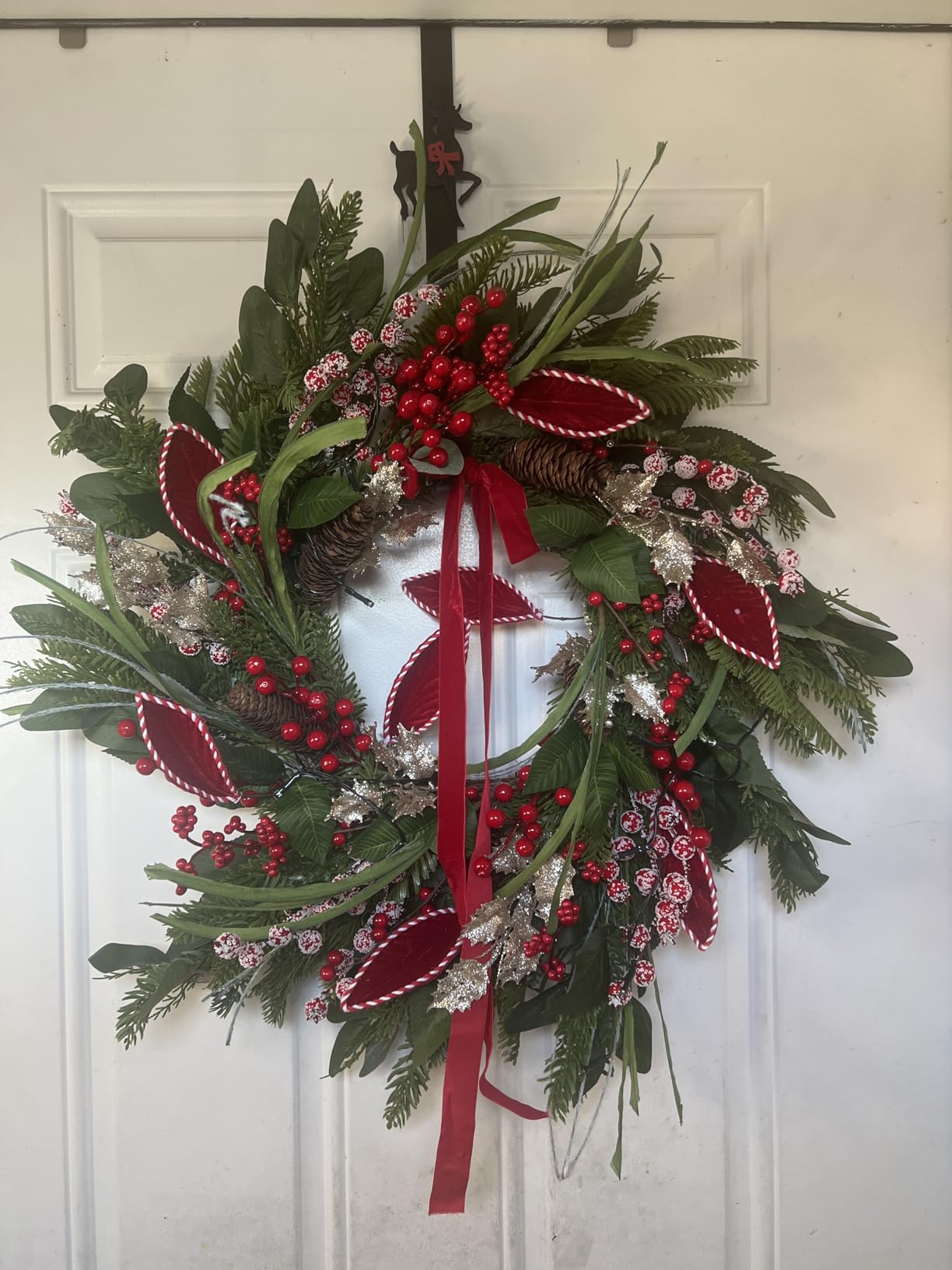 Christmas Wreath with Lights,Outdoor Pre-lit Christmas Wreaths for Front Door-24 Inch Xmas Door Wreath with Pine Needles Pine Cones and Red Berries- Farmhouse Home Christmas Decorations customer photo 1