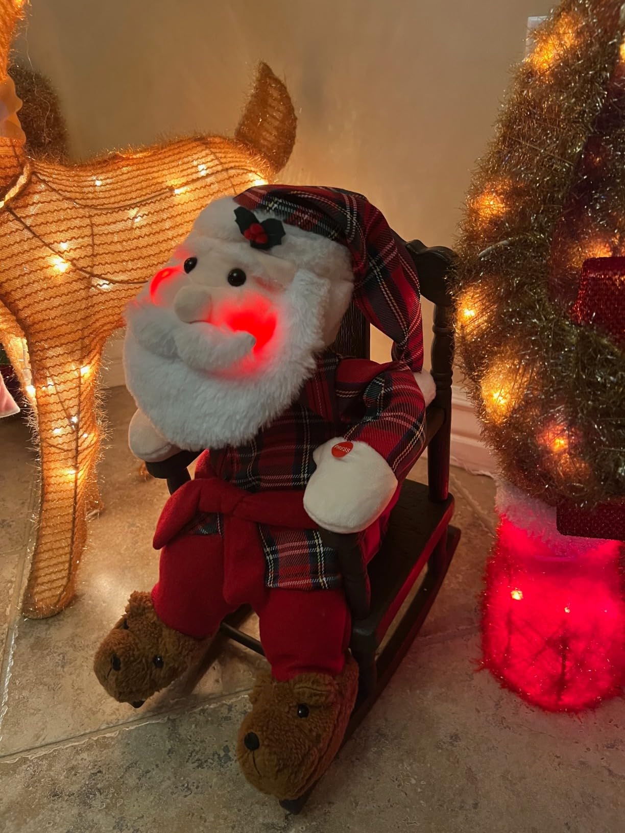 Christmas Animated Decoration Rocking Chair Santa Claus Plush, 18inch Talking Santa Decor, Animatronic Collectible Figurines with Sing, Mouth Move, Illuminated Face, Sitting Xmas Gift for Indoor, Home customer photo 2