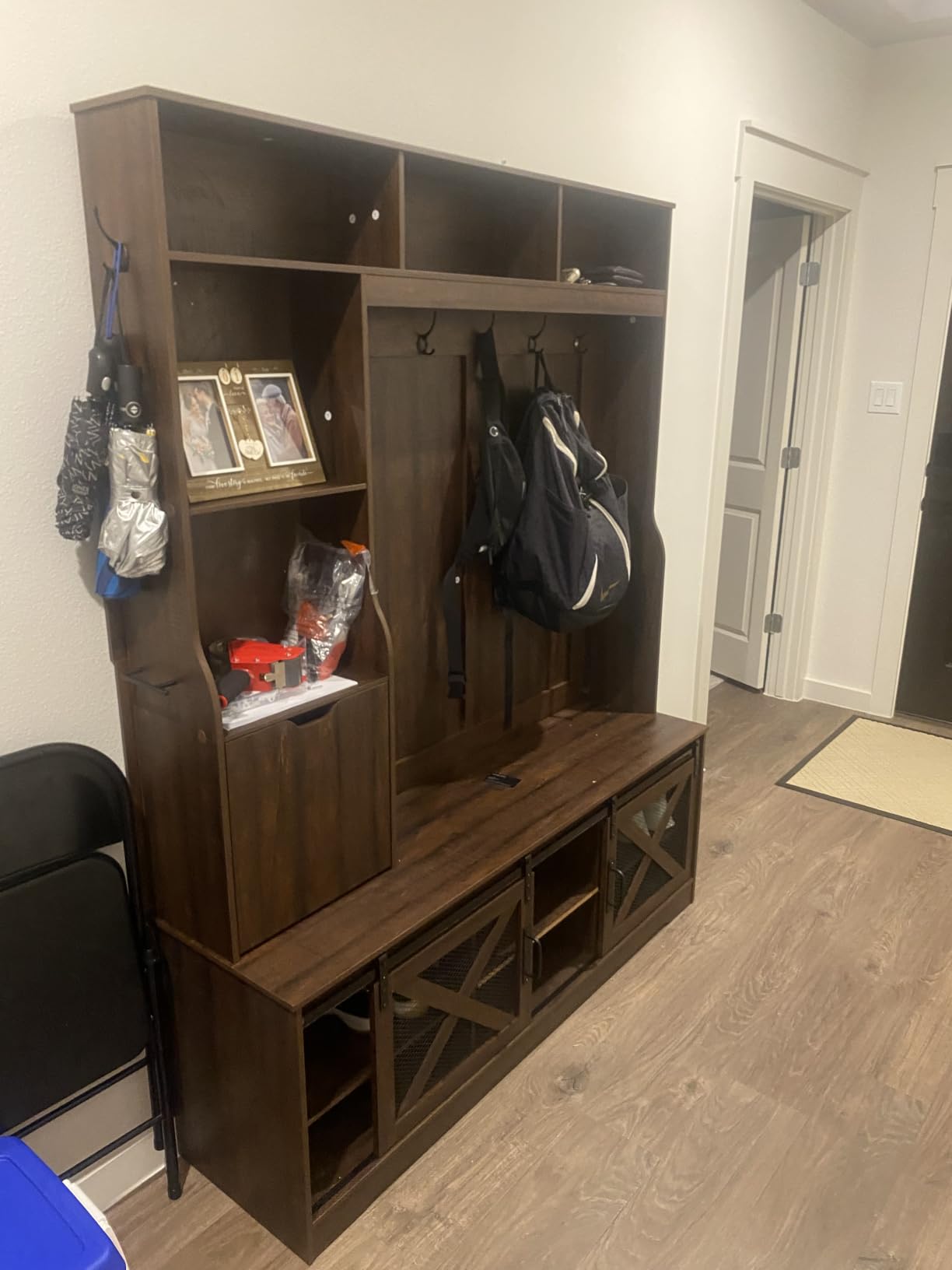 75''H 59''W Large LED Farmhouse Hall Tree with Bench and Shoe Storage, Entryway Bench with Coat Rack, 16 Shoe Cubbies & Umbrella Holder and Sock Storage Drawer, Mudroom/Hallway Storages Cabinet(white) customer photo 1