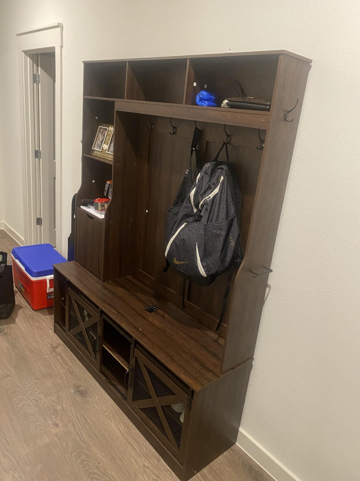 75''H 59''W Large LED Farmhouse Hall Tree with Bench and Shoe Storage, Entryway Bench with Coat Rack, 16 Shoe Cubbies & Umbrella Holder and Sock Storage Drawer, Mudroom/Hallway Storages Cabinet(white) customer photo 2