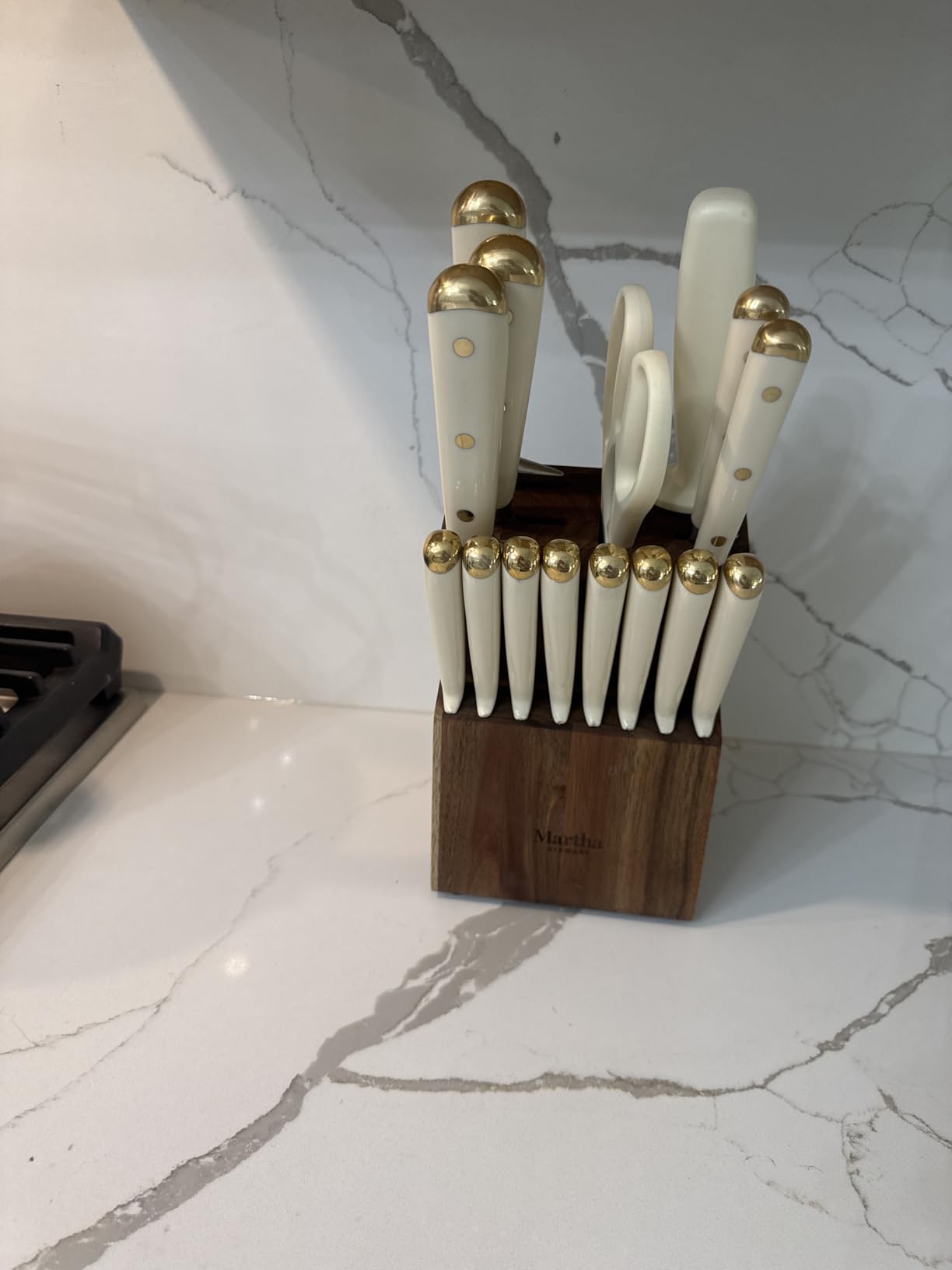 Martha Stewart Knife Block Set 16-Piece - Lockton High Carbon Stainless Steel Forged Full Tang Chef Knives, Acacia Wood Block, Triple Riveted Handles, Linen White & Gold customer photo 2