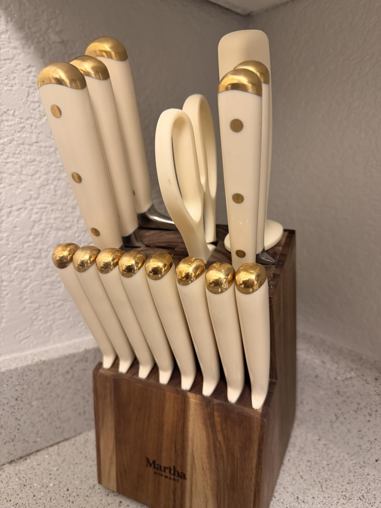 Martha Stewart 16-Piece Lockton High Carbon Stainless Steel Knife Block Set - Forged Full Tang Chef Knives, Acacia Wood Block, Triple Riveted Handles, Sage Green & Gold customer photo 1