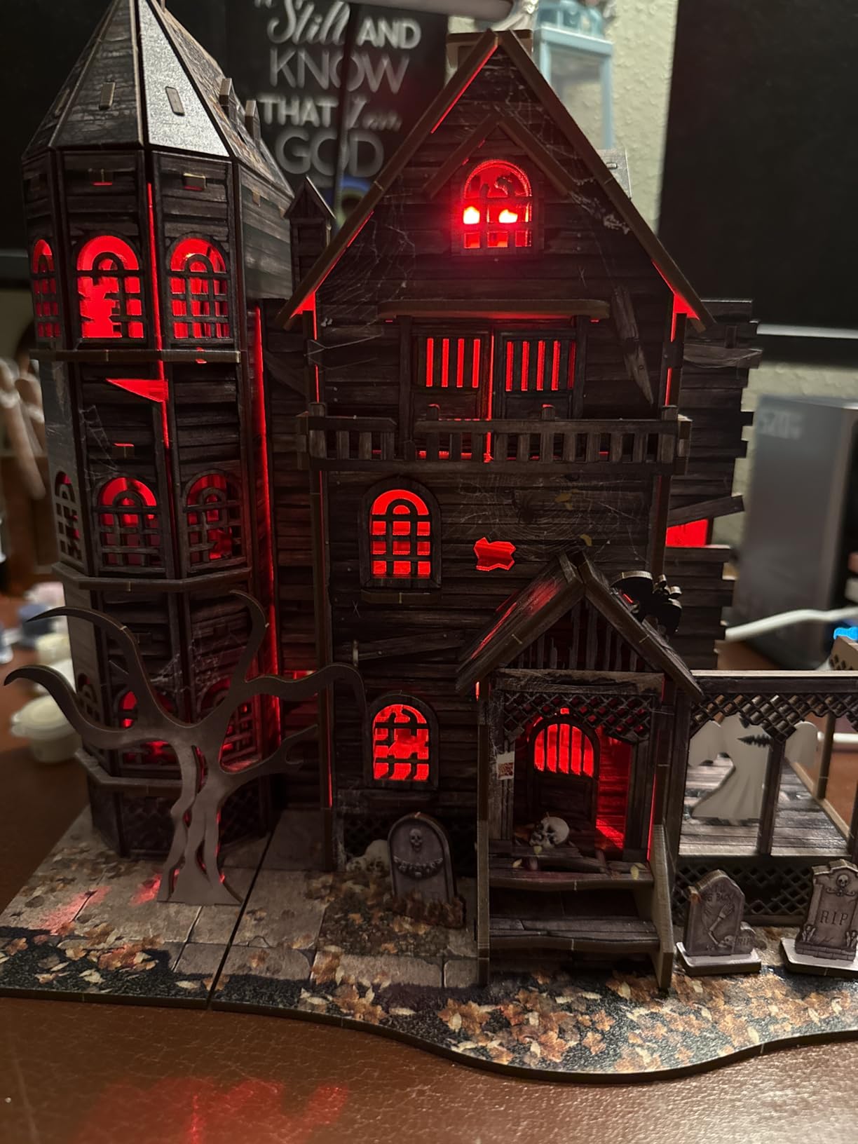 3D Wooden Puzzle Haunted House Model Set - Miniature Haunted House Kits with Led Accessories Furniture, Suitable for Adults and Teenagers to DIY Halloween Horror Doll House Craft Gifts. customer photo 2