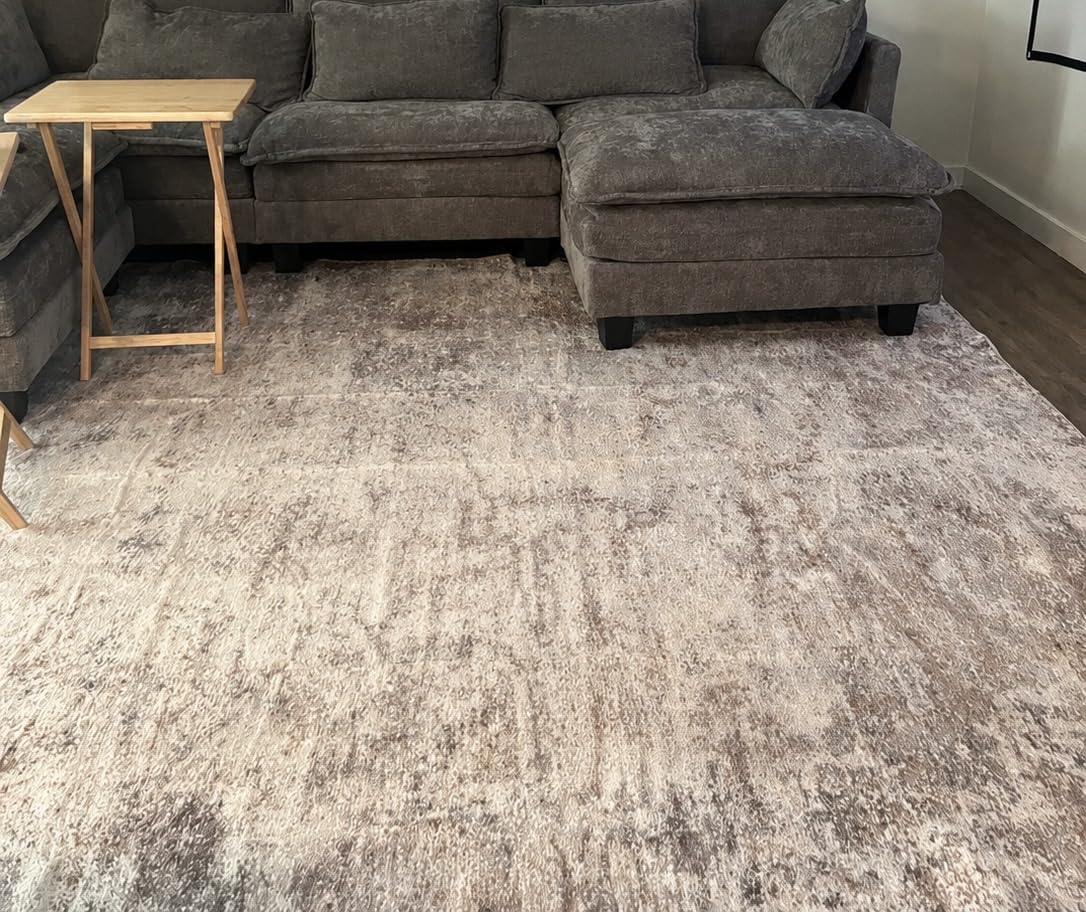UERMEI 8ft Round Area Rug Living Room Rugs - 8x8 Washable Neutral Modern Abstract Soft Thin Rug Indoor Floor No Slip Rug Carpet for Bedroom Under Dining Table Home Office Decor - Brown Grey customer photo 2