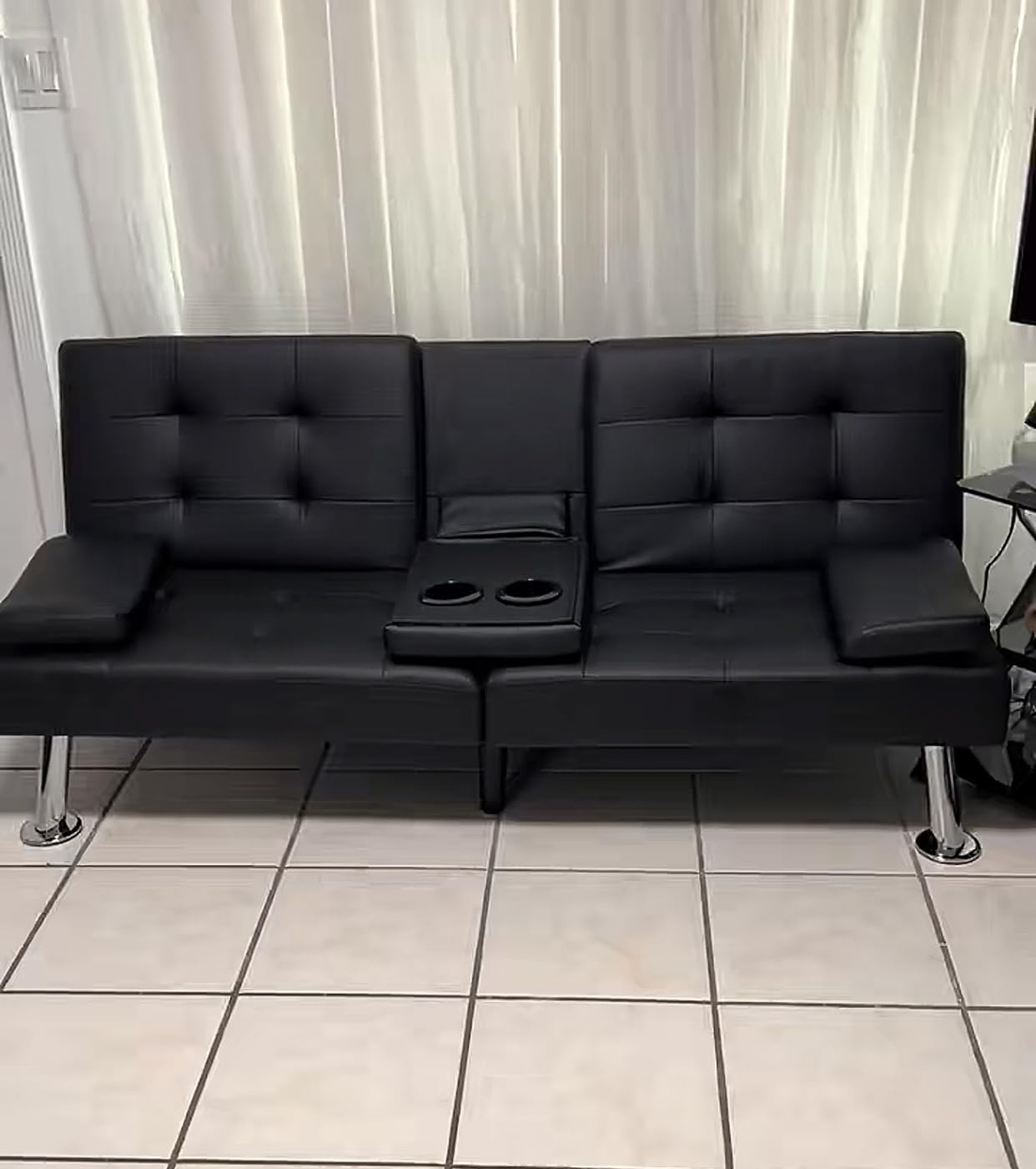Homall Black Faux Leather Futon Sofa Bed, Loveseat with Adjustable Backrest, Removable Armrests & Dual Cup Holders, Recliner Sleeper Sofa for Living Room, Apartment, Office customer photo 1