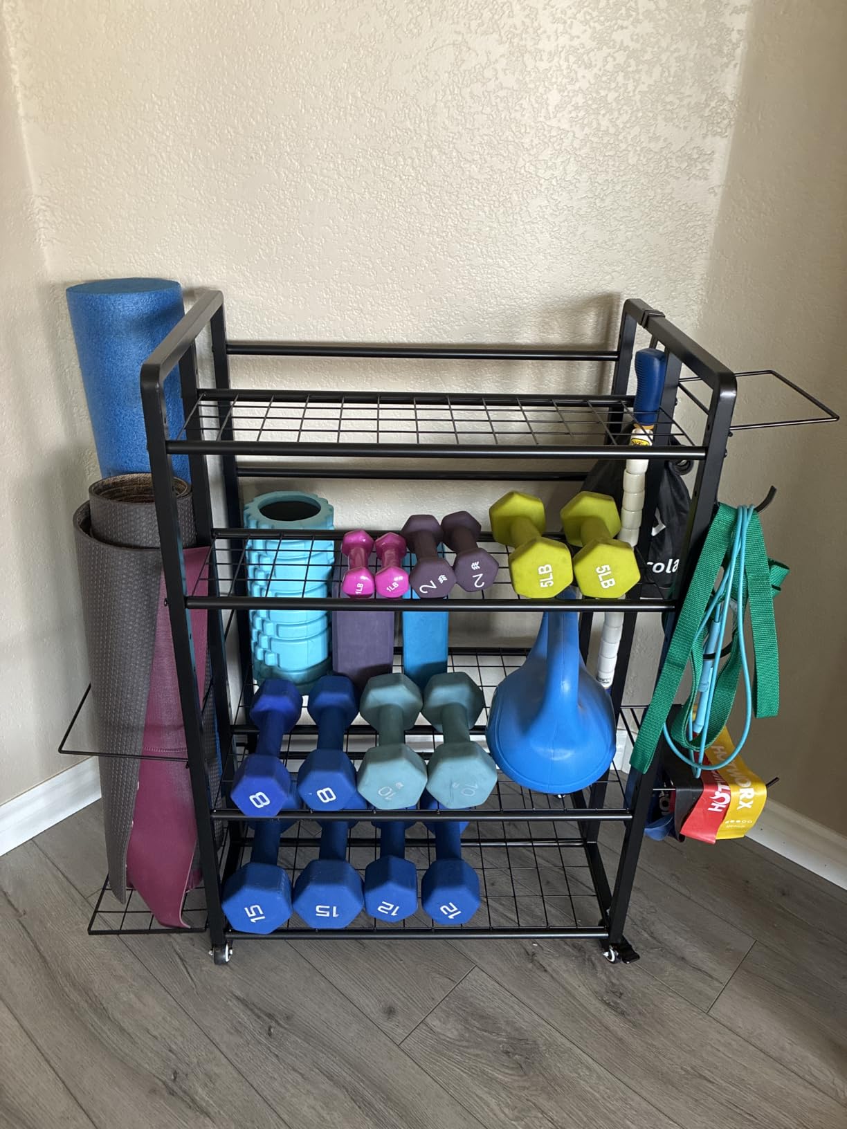 4-Tier Dumbbell Rack Stand Only, Adjustable Weight Rack for Dumbbells Kettlebells Yoga Mat, Home Gym Storage Rack with Wheels and Hooks, Powder Coated Finish customer photo 2