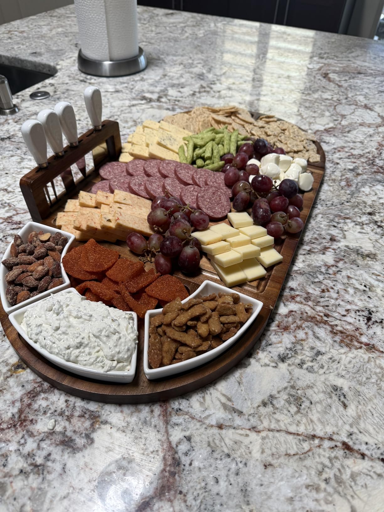 Large Charcuterie Board Set, Acacia Wood, Premium Finish | Magnetic 3-Piece Acacia Wood Design, Reshapes Circle Square Heart, Expands 13 to 26 In, 4 Knives, 3 Dishes, No Oiling Needed customer photo 2
