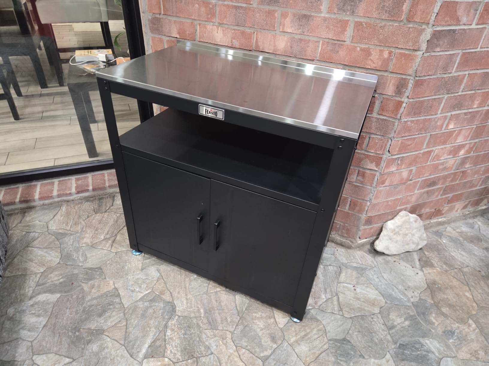 Feasto Metal Outdoor Potting Bench with Storage Cabinet for Garden Work | Durable Metal Cabinet & Stainless Steel Top, Open Middle Shelf, Raised Edge & Adjustable Feet, for Patio, Lawn & Greenhouse customer photo 2