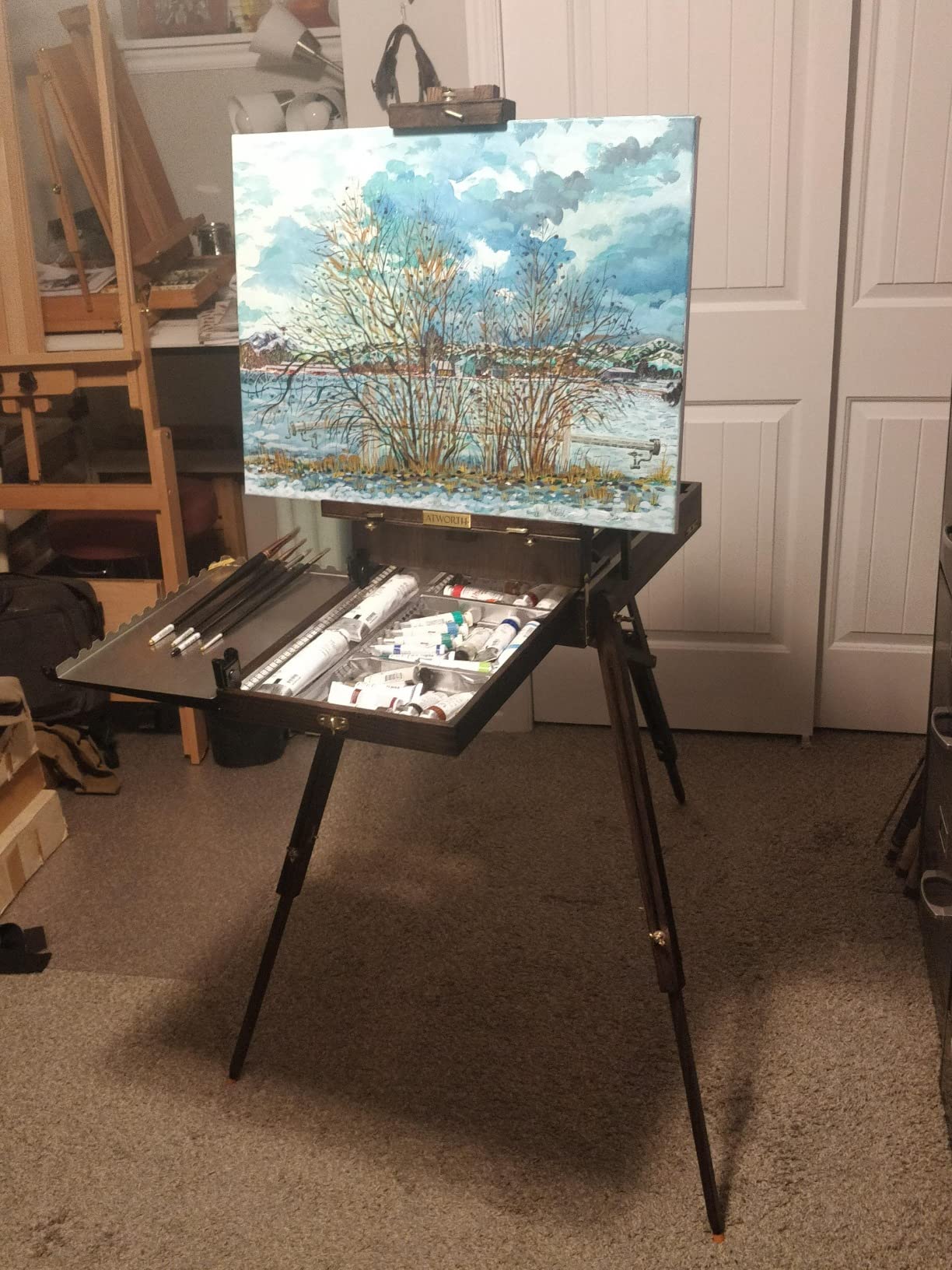 ATWORTH French Easel for Painting, Deluxe Beech Wooden Field & Studio Sketchbox Easel Stand with Metal Side Tray, Portable & Easy Transport for Painting Outdoor, Holds Canvas up to 34