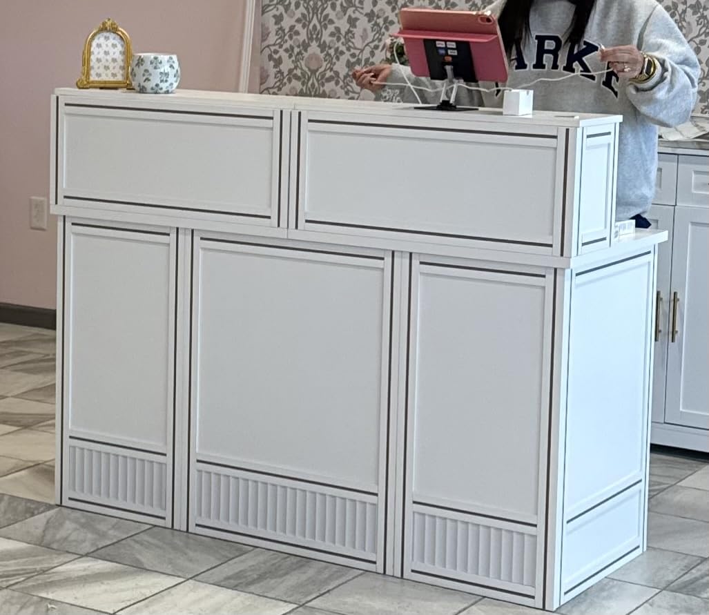 LITTLE TREE 57-Inch Reception Desk with Counter, Boho Style Front Desk, Modern Checkout Counter, Receptionist Desk for Retail, Lobby, Salon, Office, White customer photo 1