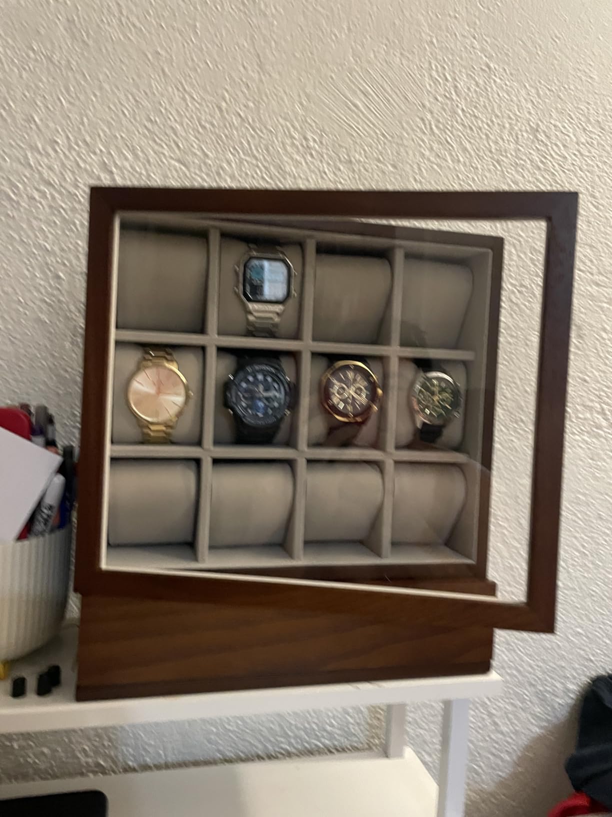 SONGMICS Watch Box 12 Slots with Glass Windows, 360 Rotating Vertical Watch Display Case customer photo 1