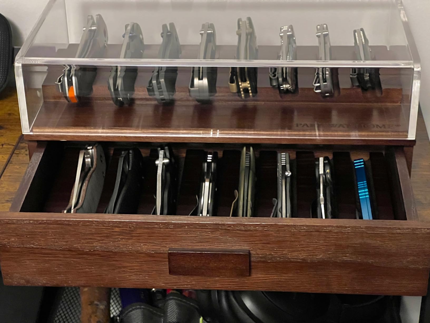 Large Pocket Knife Display Case for 24 Knives - Wooden Knife Collection Case with Sturdy Clear Cover- Two-Tier Knife Cases for Collections with a Removable Drawer Insert for Other EDC Items customer photo 1