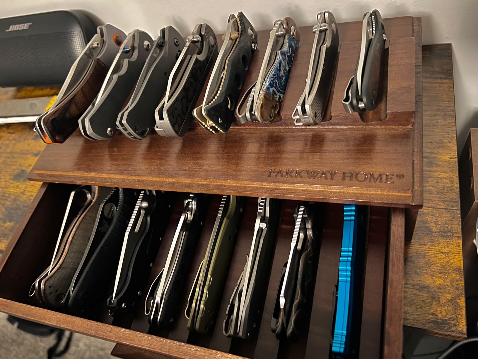 Large Pocket Knife Display Case for 24 Knives - Wooden Knife Collection Case with Sturdy Clear Cover- Two-Tier Knife Cases for Collections with a Removable Drawer Insert for Other EDC Items customer photo 2