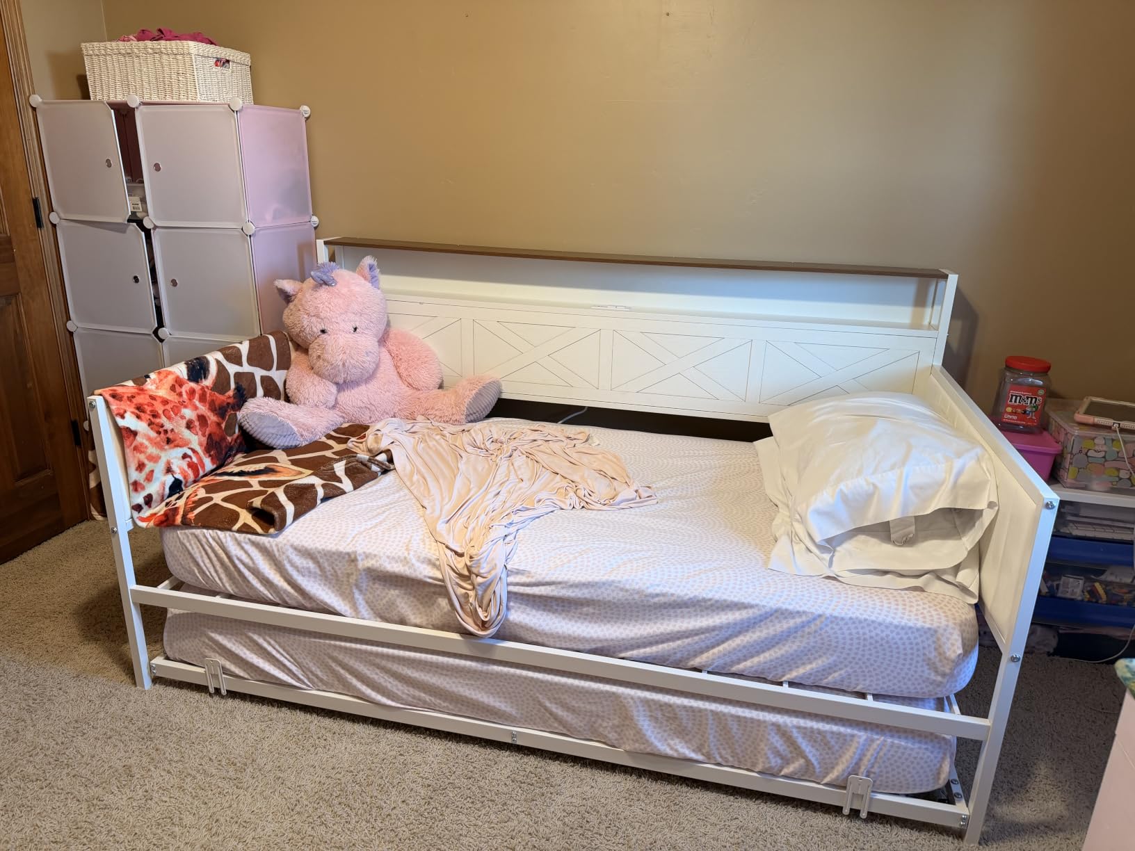 IRONCK Twin Size Daybed with Trundle, Charging Station, White/Walnut | Sturdy Metal Twin Bed Frame with X-shaped frame, Upholstered Farmhouse Daybed for Living Room, Bedroom, and Guest Room customer photo 1