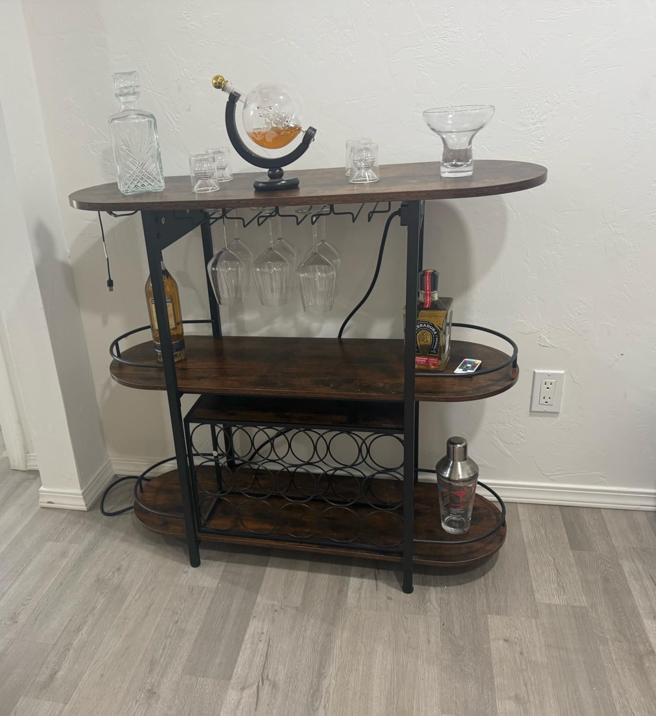 VASAGLE Bar Cabinets for Home, LED Coffee Bar with Power Outlets, Freestanding Wine Rack with Glass Holder, Rustic Brown customer photo 2