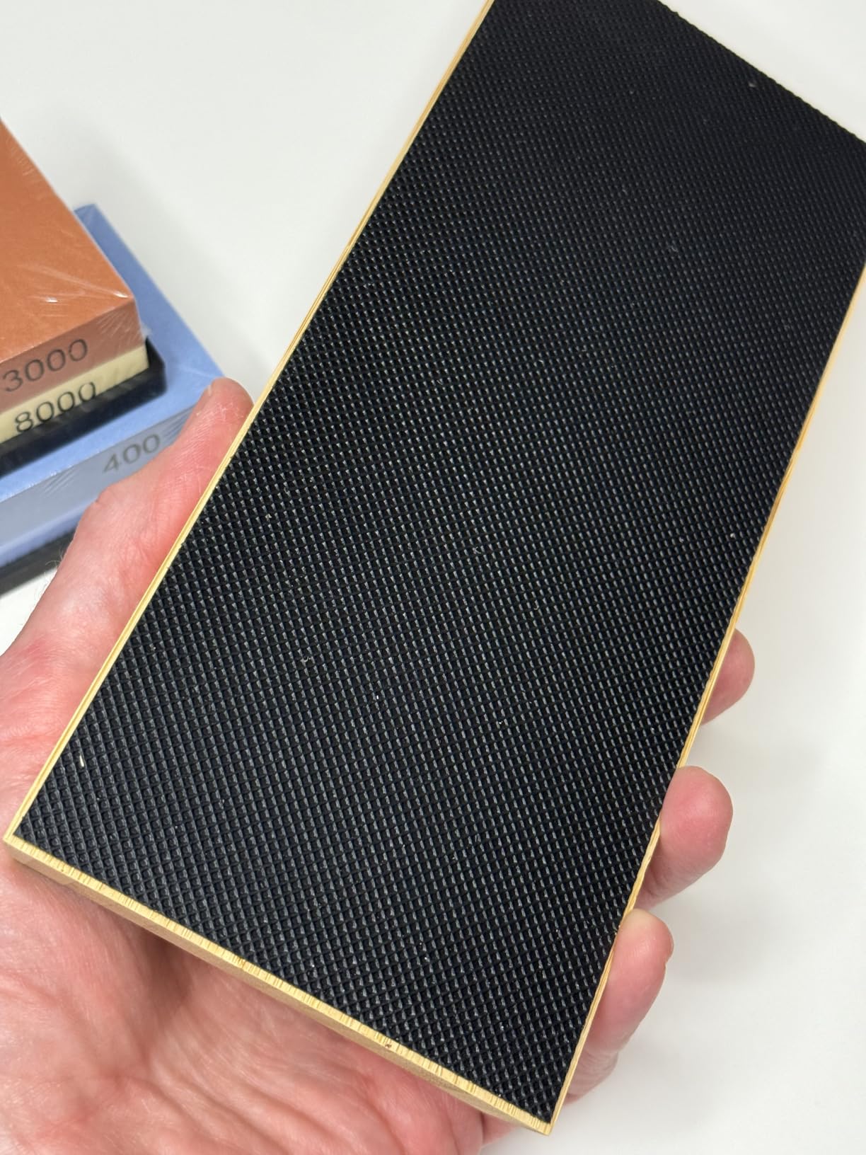 7 Piece Knife Sharpening Stone Set, Dual Grit Whetstone Kit, Angle Guide | 400/1000 & 3000/8000 grit with leather strop, flattening stone, bamboo base and angle guide customer photo 2