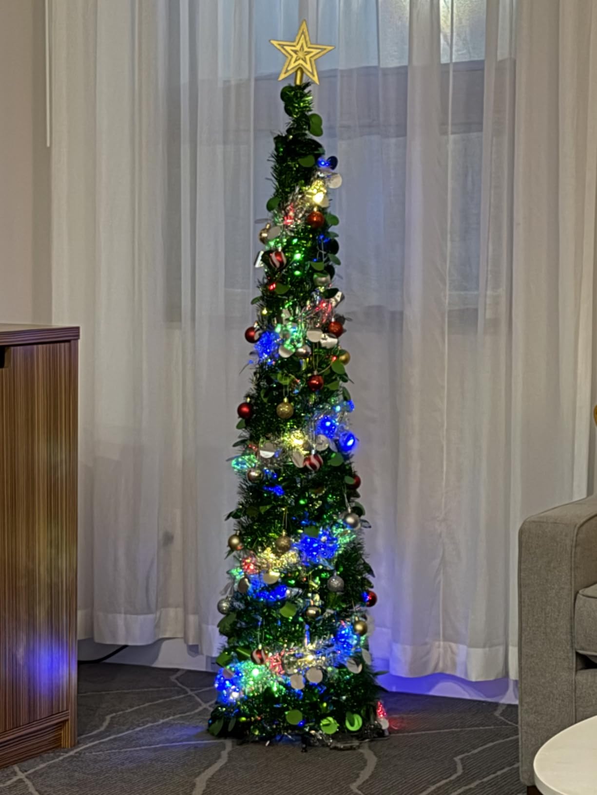 6 FT Pop Up Christmas Tree with 100 LED Timer Lights & Remote, Green Collapsible Christmas Tinsel Tree Artificial Pencil Tree Xmas Decoration for Holiday Home Office Party, USB Powered customer photo 2