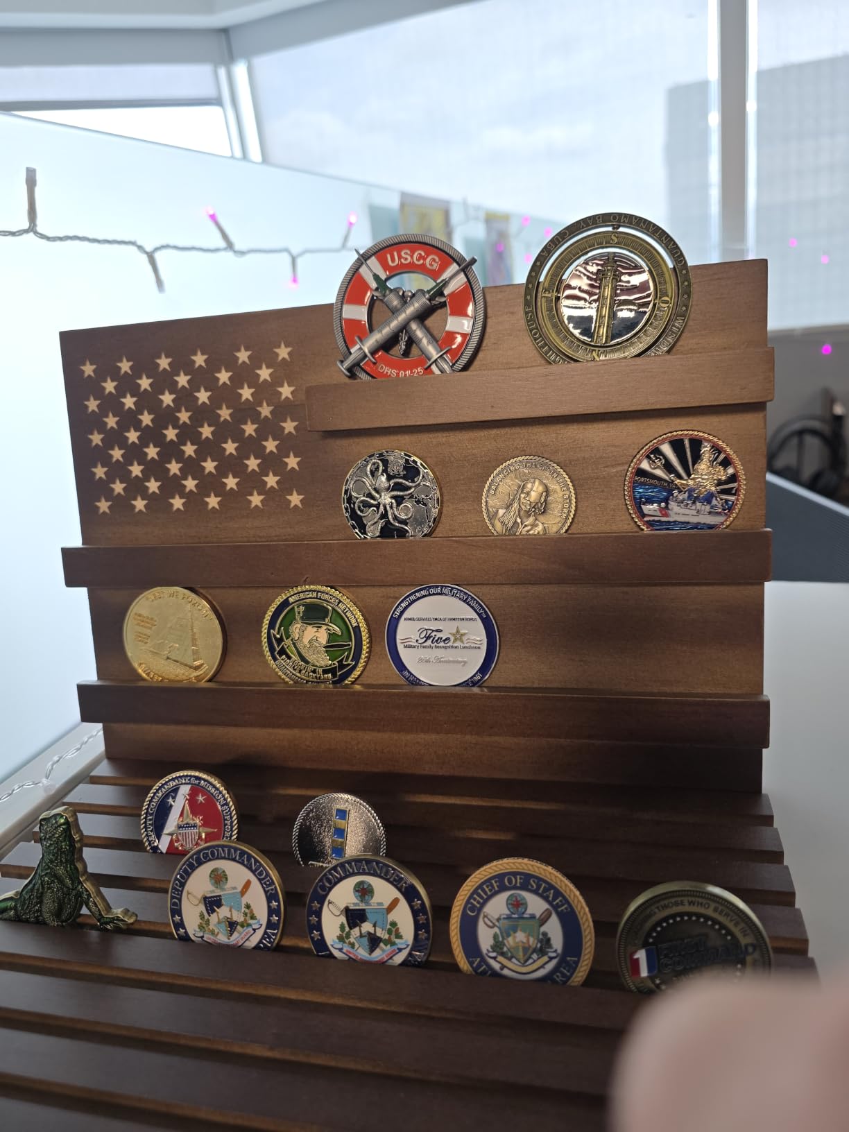Challenge Coin Display Holder, Military Coin Slotted Stand Case Solid Wood Large Capacity Holds Up to 80 Coins 3+8 Racks for Navy Army Police Veterans Collection Desktop Decorative (Walnut) customer photo 1