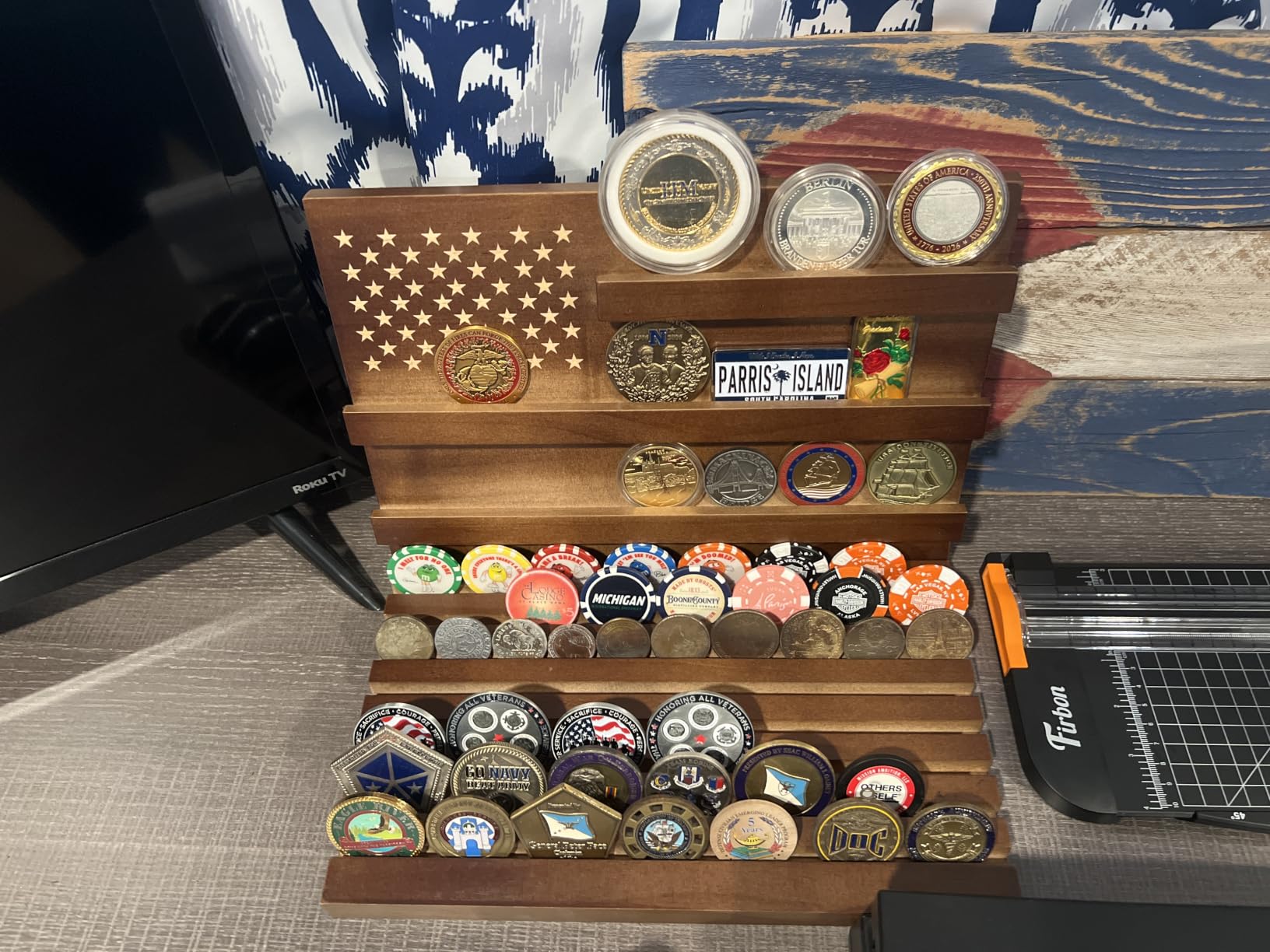 Challenge Coin Display Holder, Military Coin Slotted Stand Case Solid Wood Large Capacity Holds Up to 80 Coins 3+8 Racks for Navy Army Police Veterans Collection Desktop Decorative (Walnut) customer photo 2