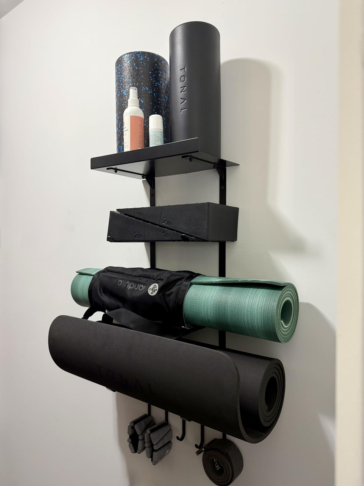 Yoga Mat Holder Wall Mount, Home Gym Storage Rack with Top Floating Shelf, 4-Tiers Holding Yoga Mat/ Blocks/ Rollers and Decorations, 5 Hooks for Resistance Bands, Skipping-Rope, Small Gym Equipment customer photo 2