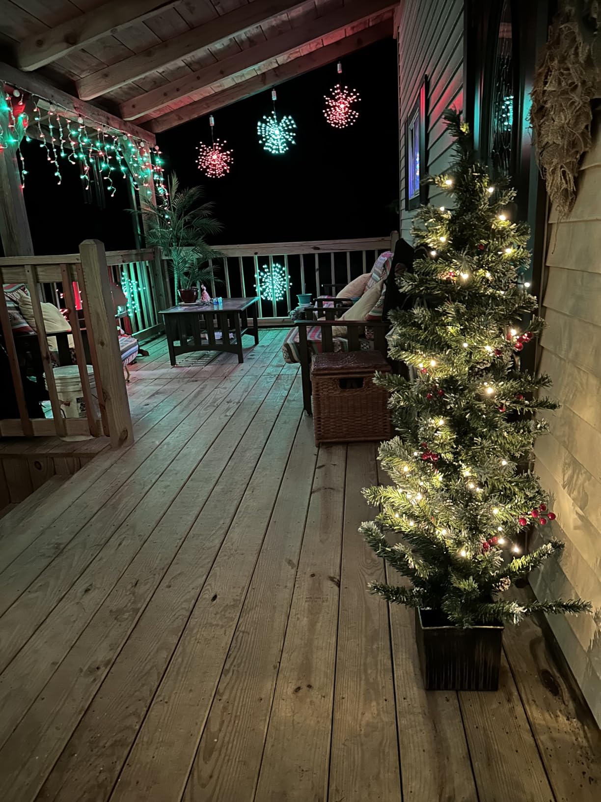 2 Pack 4 Ft Entrance Christmas Tree in Wood-Like Box Base, Artificial Potted Xmas Tree with 60 LEDs Warm White Light Timer Waterproof Battery Box 140 White Tipped Branches Pinecones Berries for Door customer photo 2