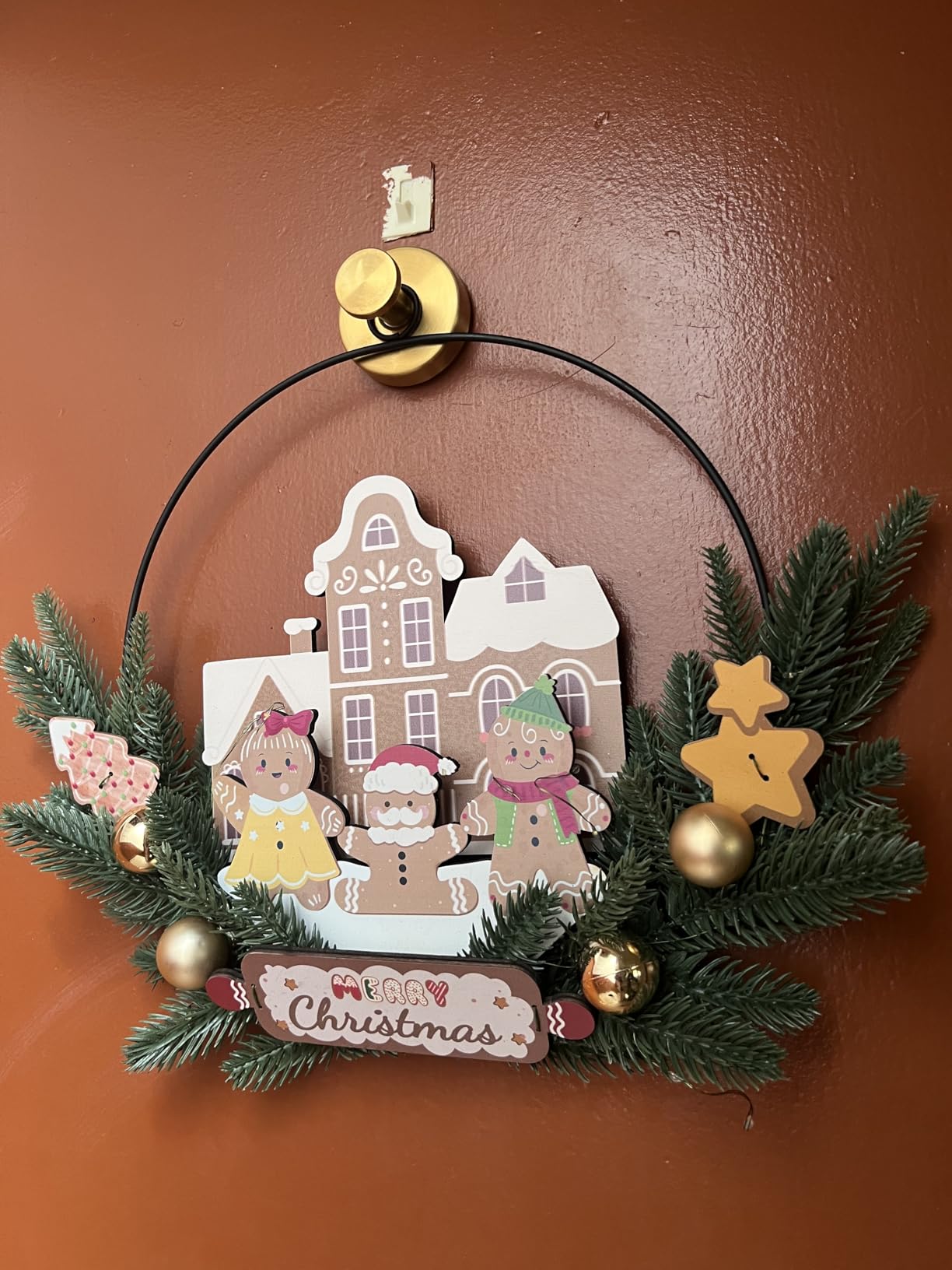 Pre-Lit Christmas Wreath for Front Door, Lighted Witch with 6H On/18H Off | Christmas decorations with 30 LEDs, metal and wood design, battery-operated cordless use, and included hook for easy hanging. customer photo 1