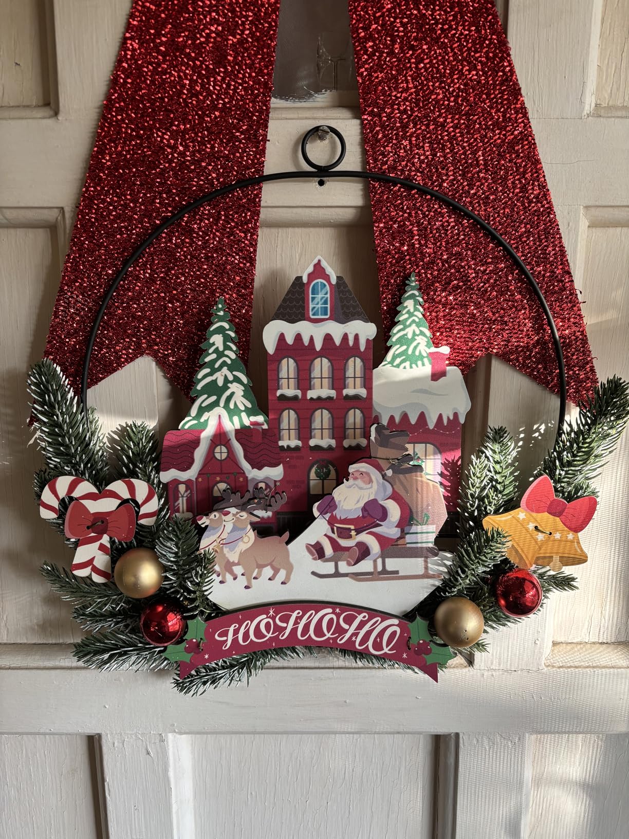 Pre-Lit Christmas Wreath for Front Door, Lighted Witch with 6H On/18H Off | Christmas decorations with 30 LEDs, metal and wood design, battery-operated cordless use, and included hook for easy hanging. customer photo 2