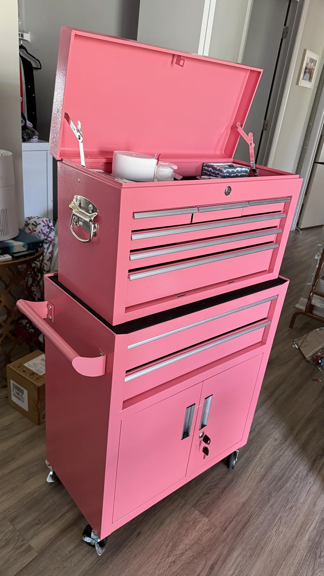 Crownland 8-Drawer Rolling Tool Chest with Wheels, Lockable 2 in 1 Detachable Tool Cabinet with Drawers and Black Liners, Garage Top Toolbox & Bottom Storage Cart with Side Hooks (Black) customer photo 2