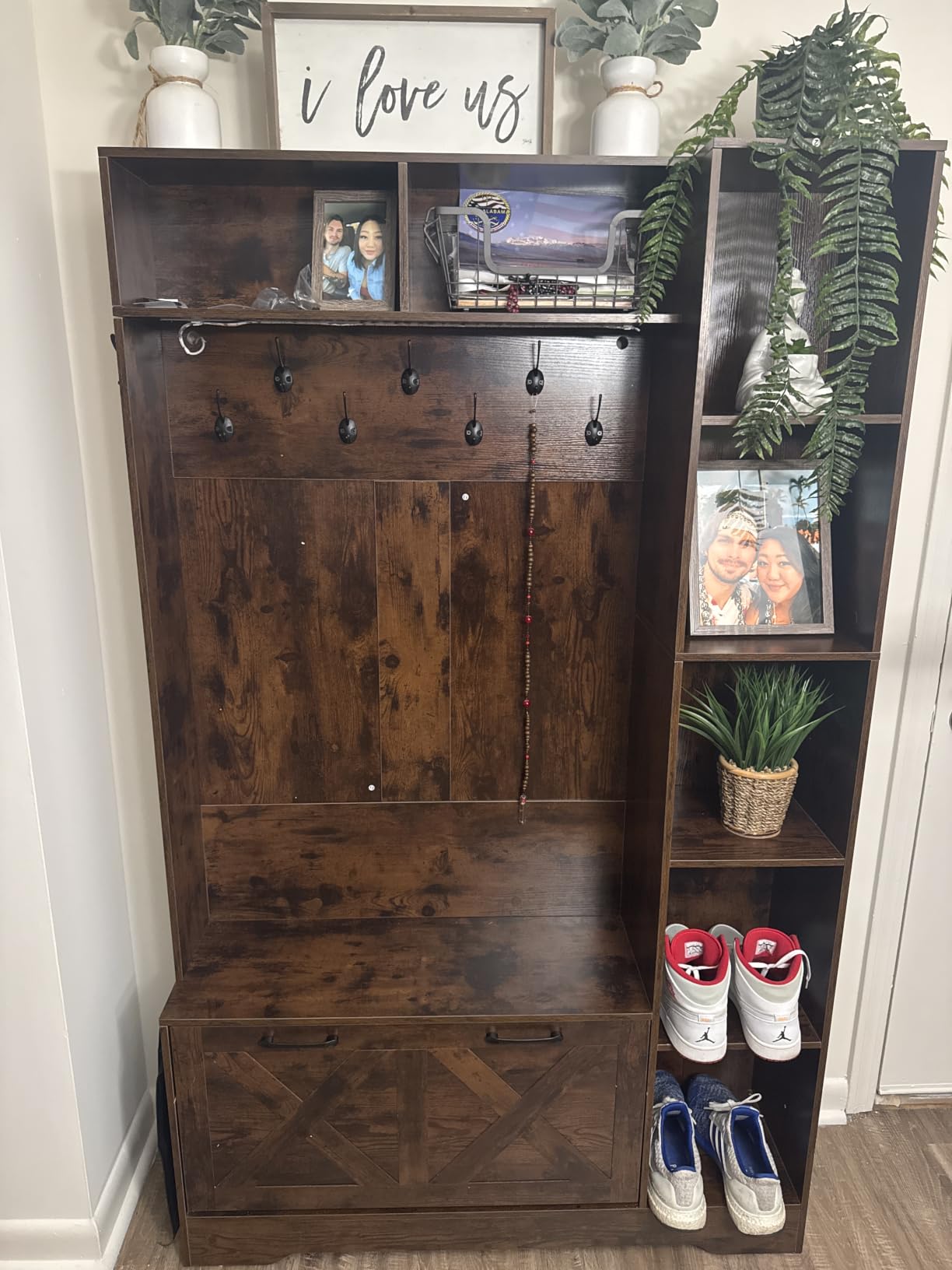 Itaar Hall Tree with Bench and Shoe Storage, Farmhouse Entryway Bench with Coat Rack, Shoe Cabinet with Flip Drawers, 7 Shelves, 10 Coat Hooks, Storage Bag, Led Lights, White customer photo 1