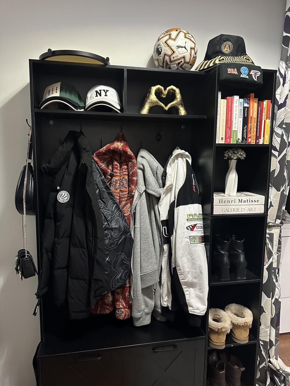 Itaar Hall Tree with Bench and Shoe Storage, Farmhouse Entryway Bench with Coat Rack, Shoe Cabinet with Flip Drawers, 7 Shelves, 10 Coat Hooks, Storage Bag, Led Lights, White customer photo 2