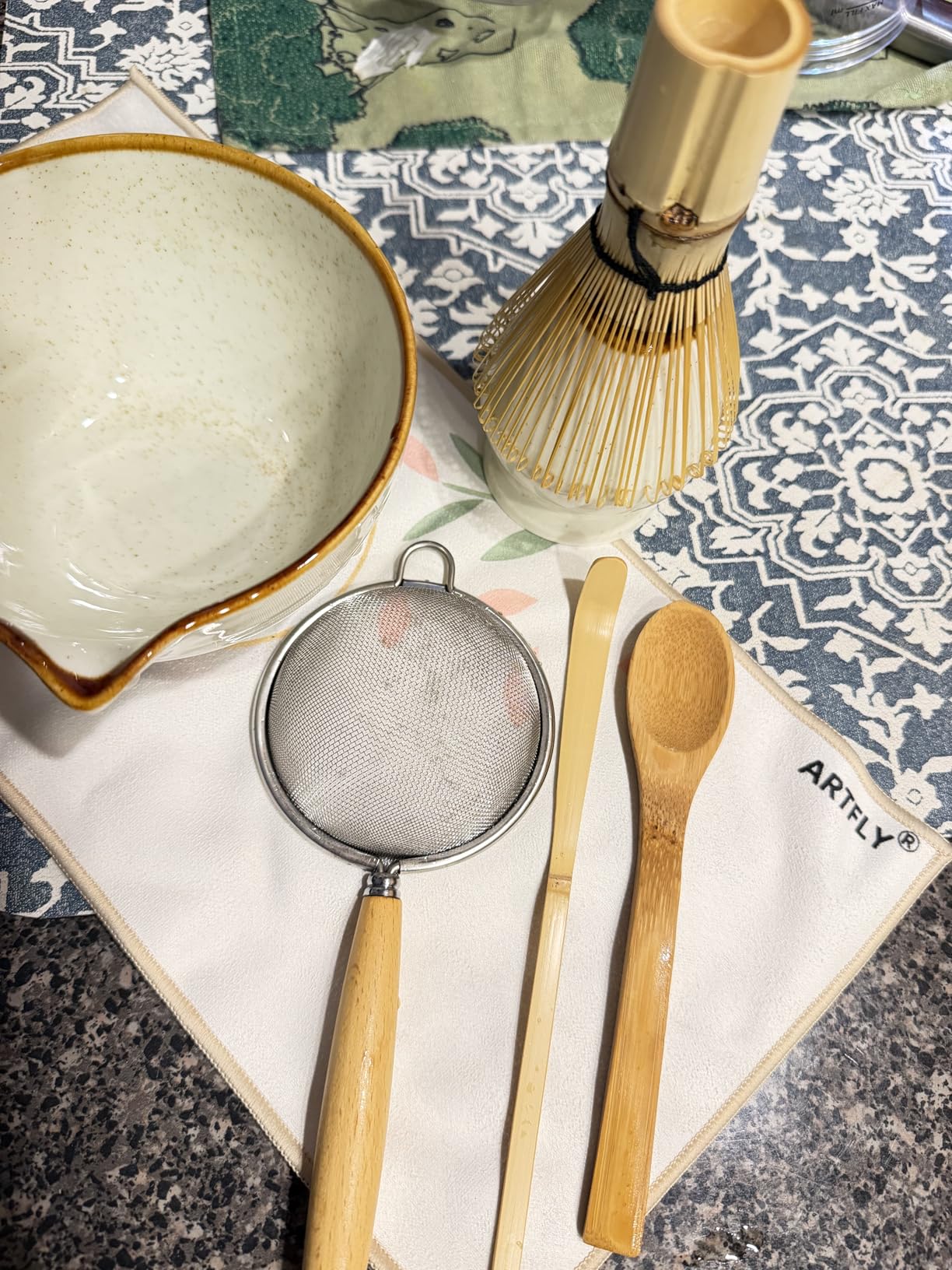 Matcha Set 7 Pcs, Japanese Matcha Kit for Beginners with Ceramic Bowl, Bamboo Whisk, Whisk Holder, Sifter, Chashaku Scoop and Tea Towel, Matcha Tea Set for Home, Latte and Gifts customer photo 2