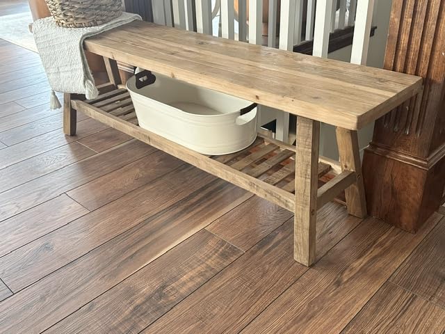 HOKYHOKY Reclaimed Solid Wood Bench-55 Inches Farmhouse Entryway Bench with Storage Shelf, Narrow Rustic Bench for Hallway, Kitchen, Bedroom, Dining customer photo 1