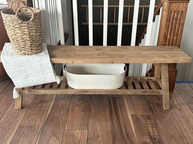 HOKYHOKY Reclaimed Solid Wood Bench-55 Inches Farmhouse Entryway Bench with Storage Shelf, Narrow Rustic Bench for Hallway, Kitchen, Bedroom, Dining customer photo 2